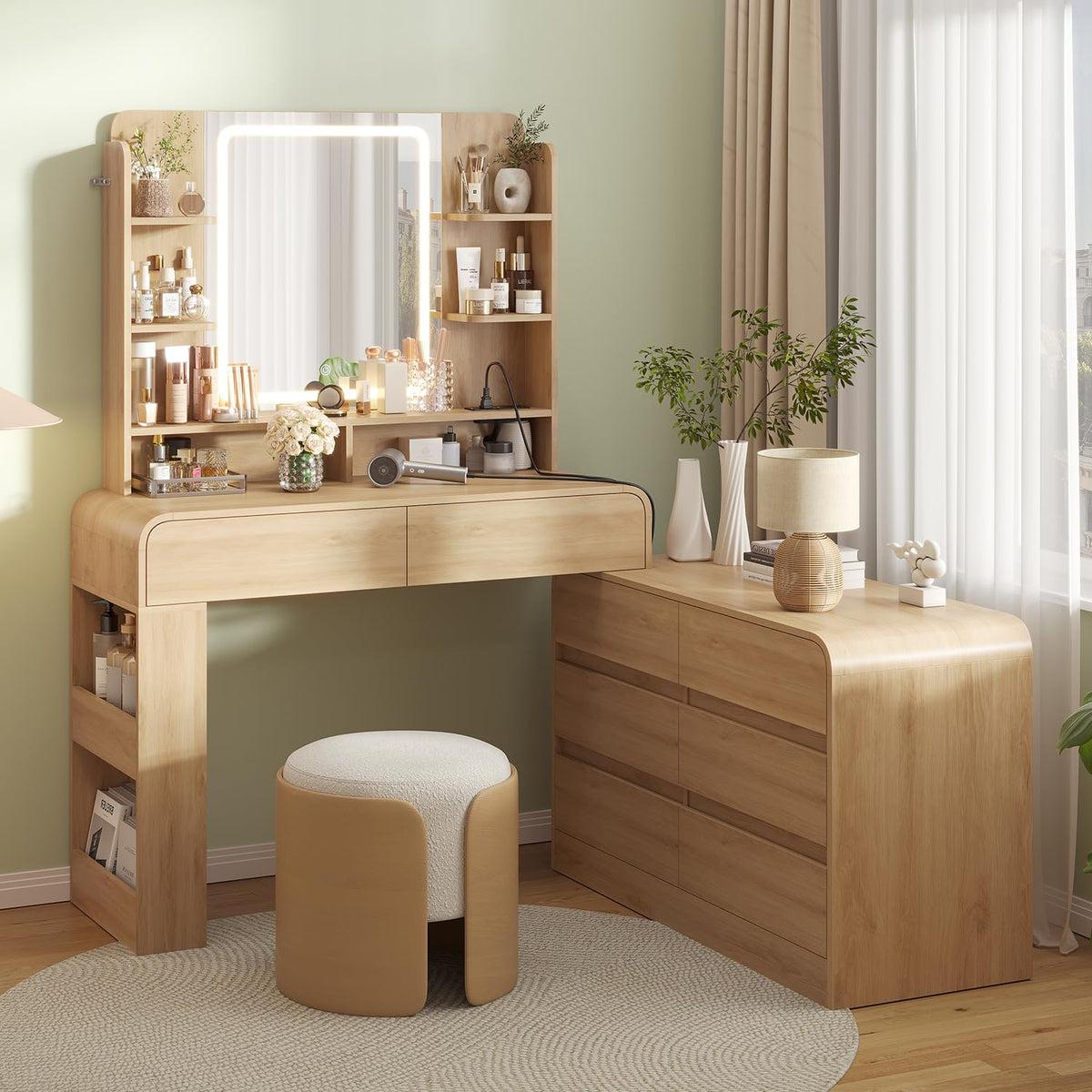Vanity Desk with Mirror & Lights, 8 Drawers & Charging Station, Natural