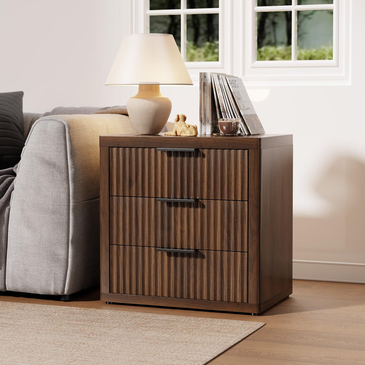 LOOMORA Fluted Nightstand with 3 Drawers, Night Stand, Walnut