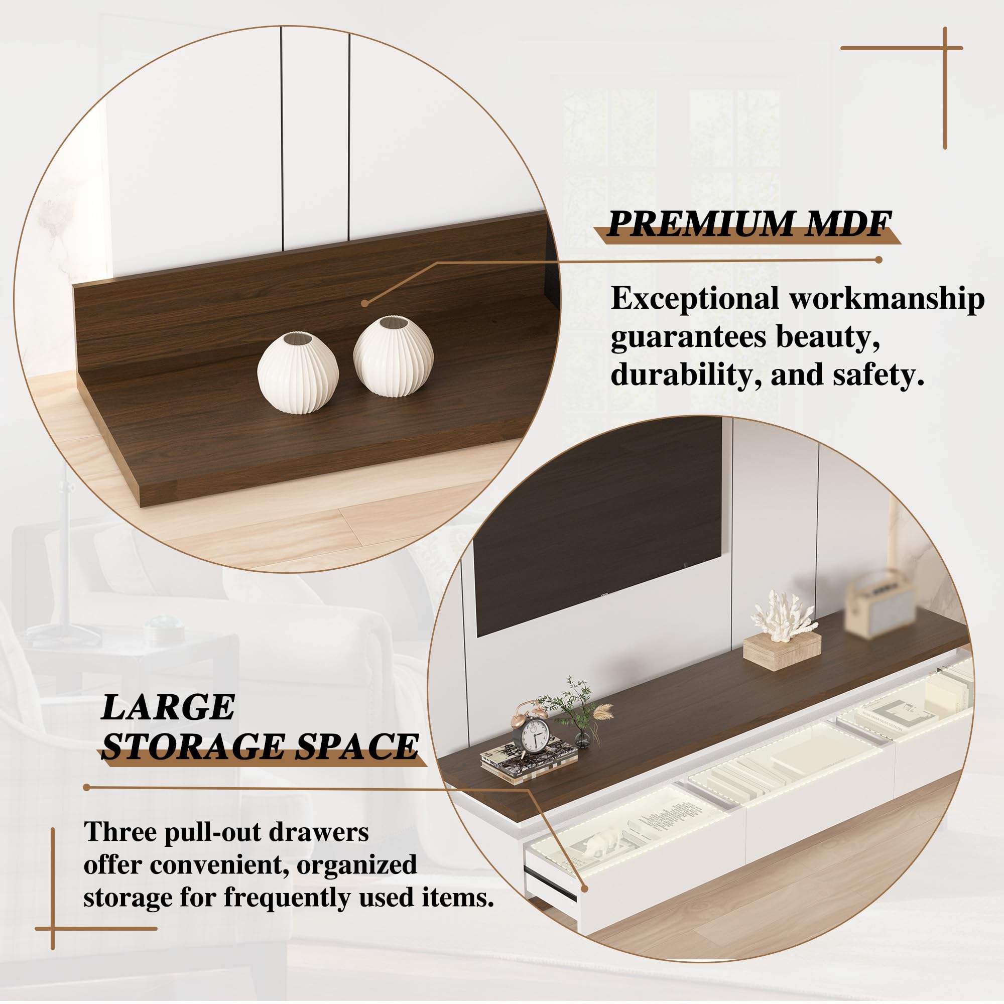 Betterhood Extendable TV Stand with LED Lights (80” - 106”), Wood Entertainment Center for Up to 120" TV, Modern Reversible TV Console with Three Drawers, Living Room, Bedroom (White)