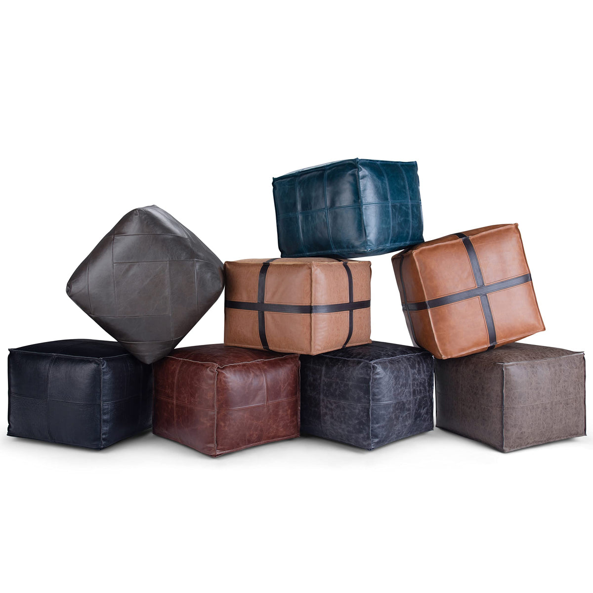 Teal Leather Square Pouf