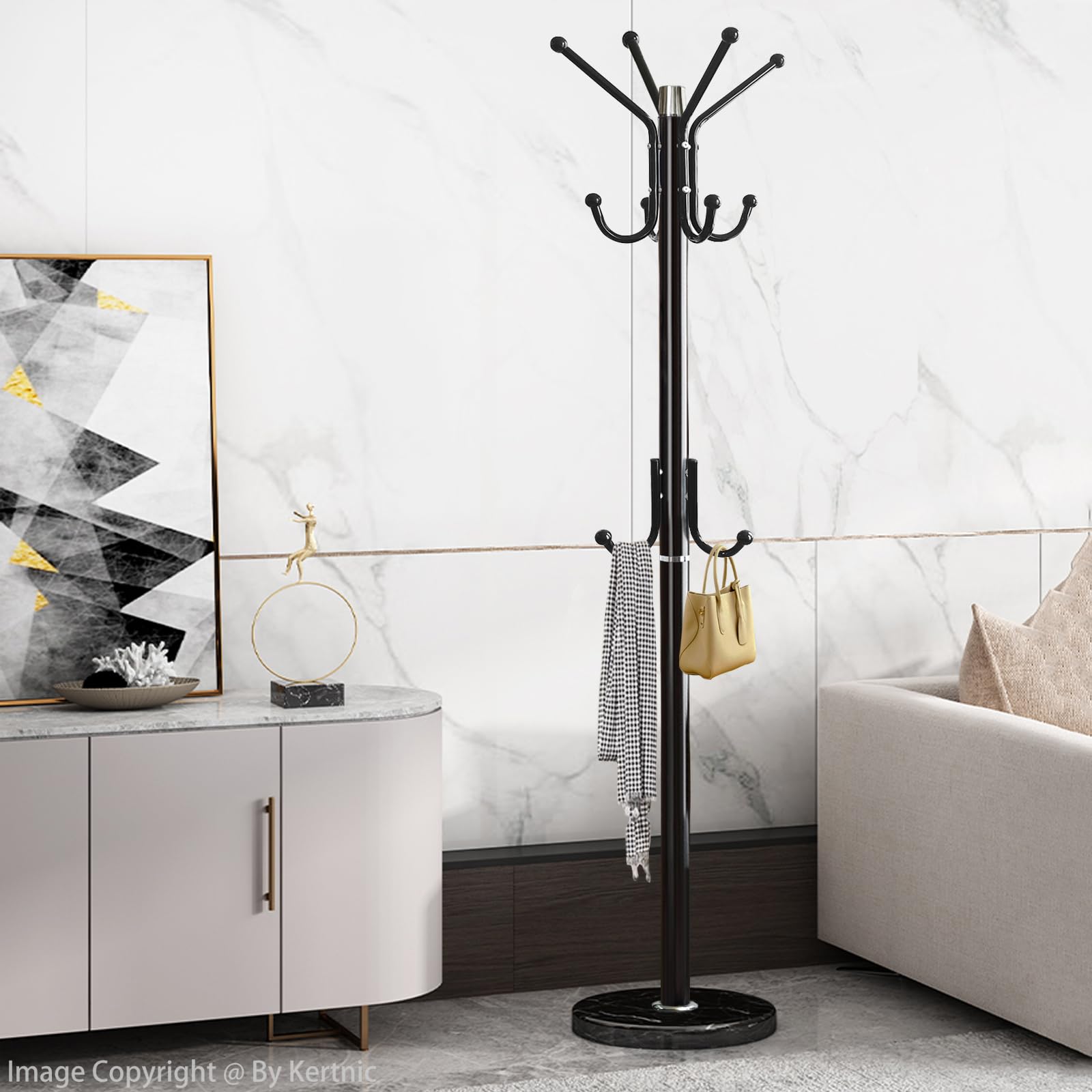 Freestanding Coat Rack with Marble Base & 11 Hooks
