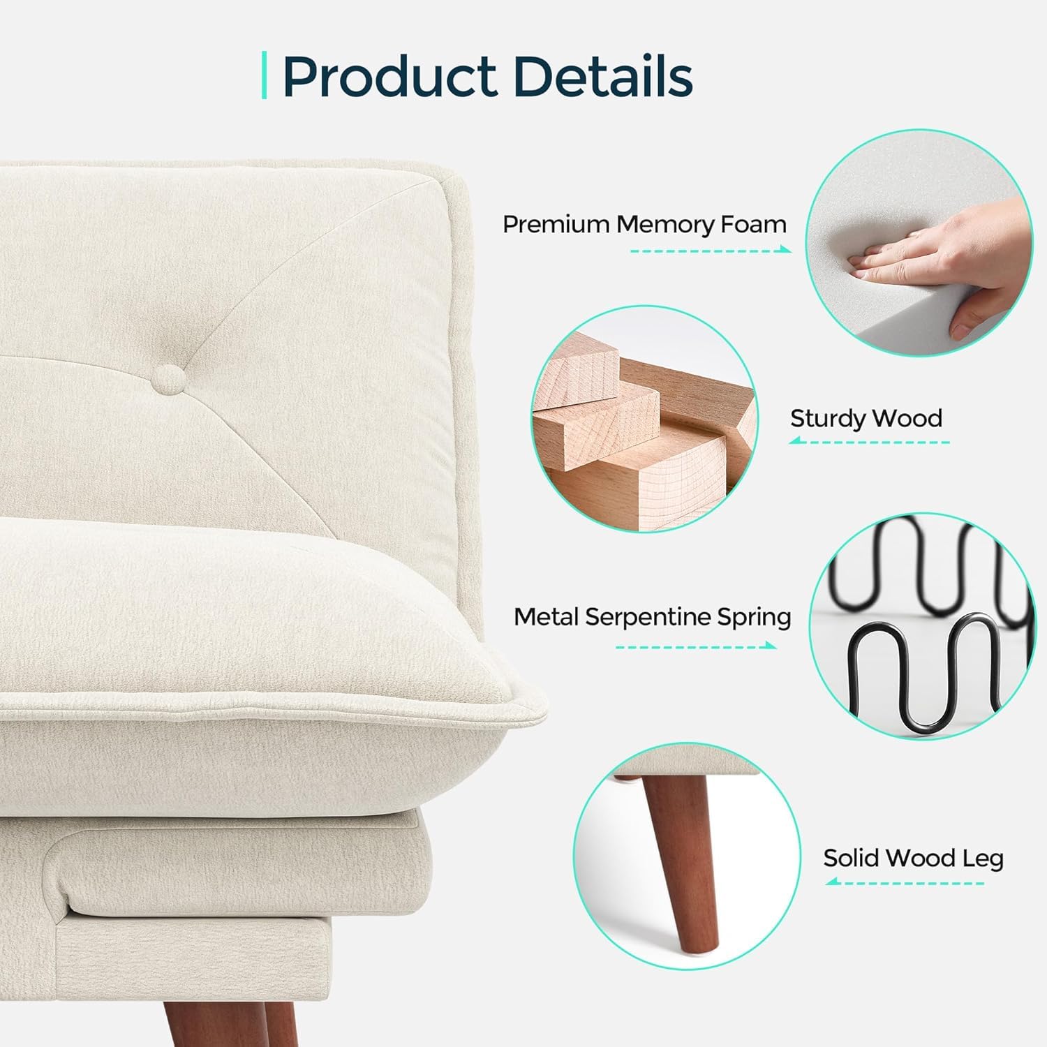 LINSY HOME Futon Sofa Bed, 70" Chenille Futon Couch with Adjustable Backrest Armrest, 3 in 1 Convertible Comfy Loveseat Sleeper Sofa Bed for Small Spaces Dorm Room Apartment Home Office(Beige White)