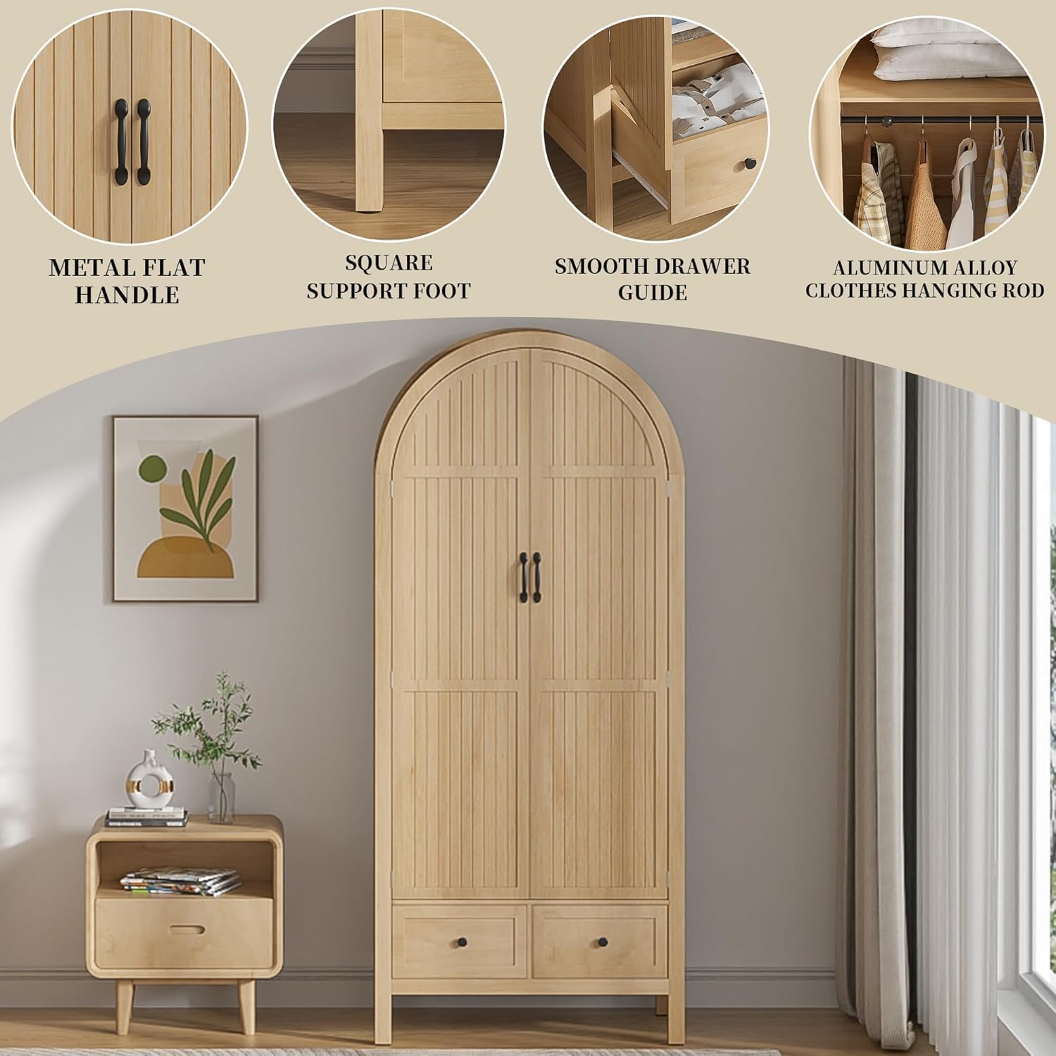 Lxsxlome Wardrobe Closet, Armoire Wardrobe Closet with Drawers and 2 Arched Fluted Doors, 70.87‘’ Tall Wooden Bedroom Armoires with Shelves and Hanging Rod (1, Wood Color)