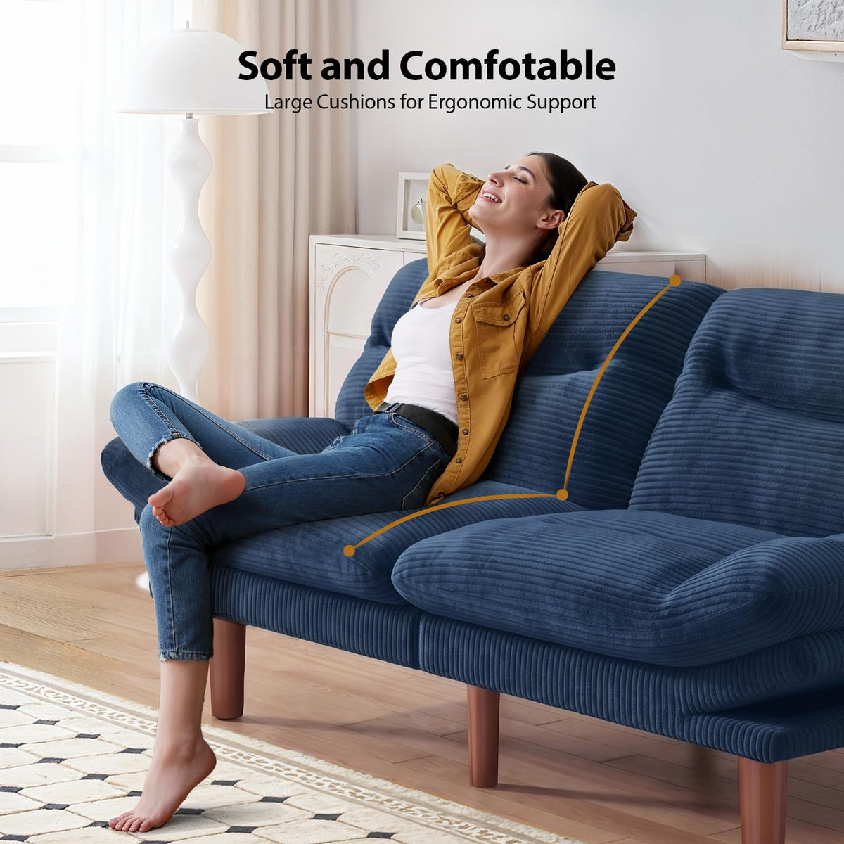 Pipishell 66 inch Convertible Futon Sofa Bed, Corduroy, Blue
