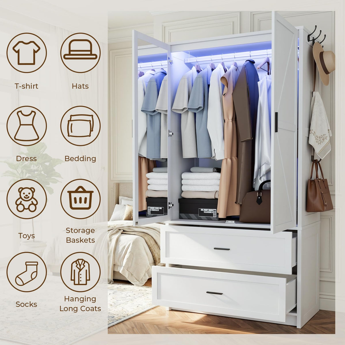 White Mirrored Wardrobe with LED Lights