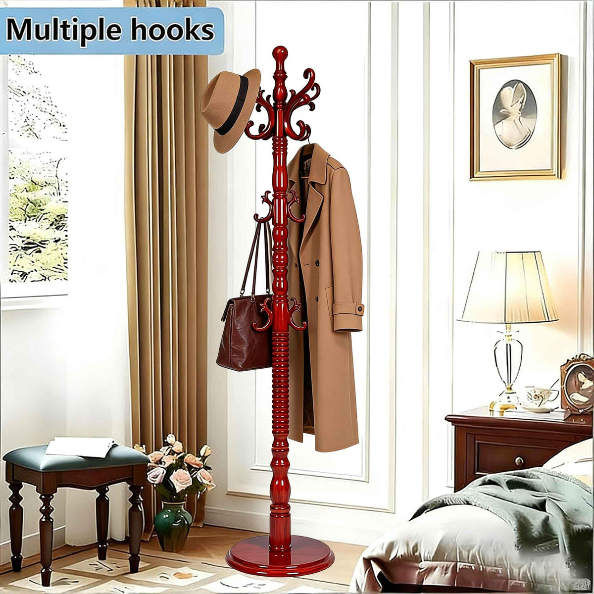 Wooden Coat Rack with 18 Hooks