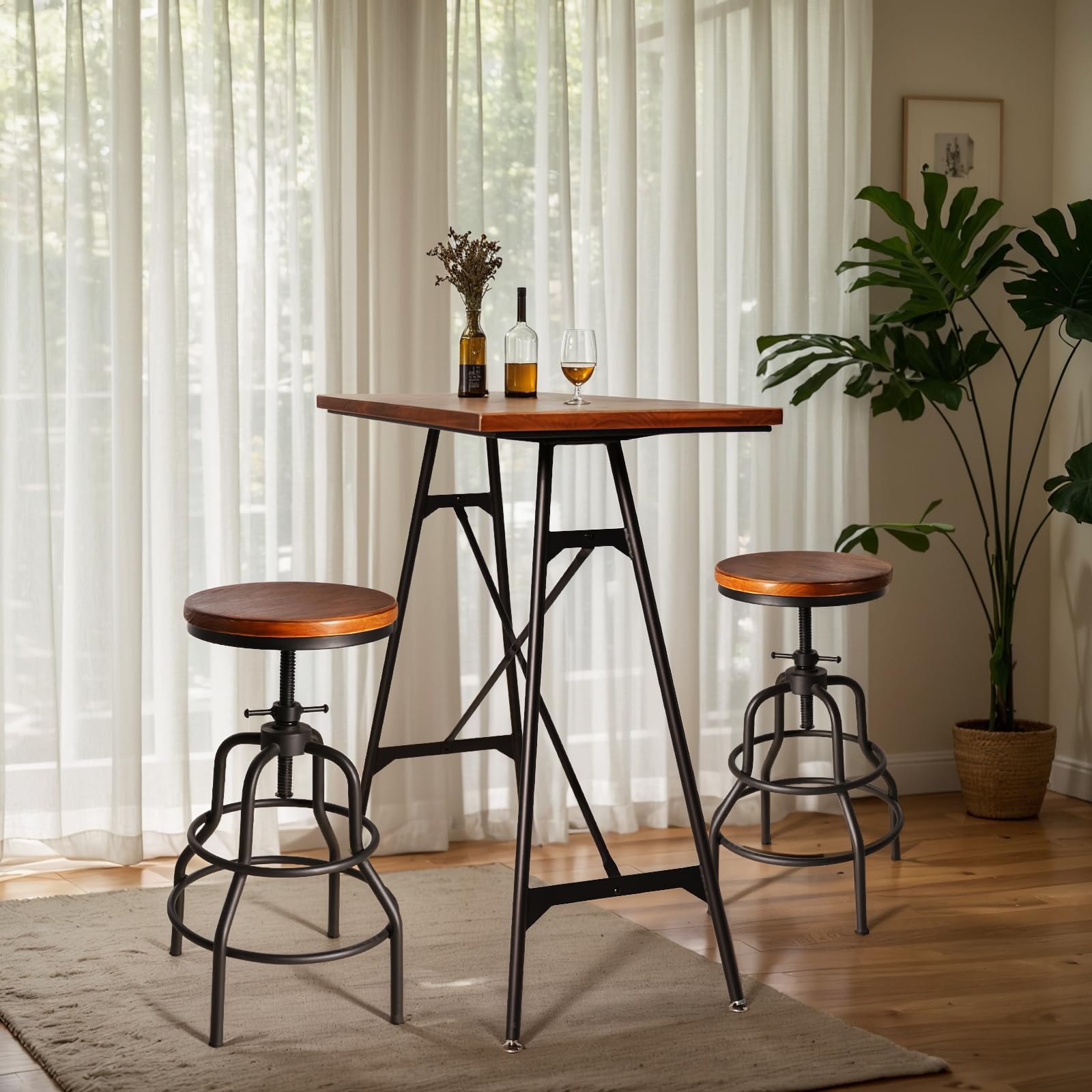 LOKKHAN Modern Industrial High Top Bar Table & Chairs Set with 2 Adjustable Swivel Stools - Black Metal Base & Brown Wood Top - Space-Saving Compact Home Pub Furniture, 45.3" L x 41.34" H