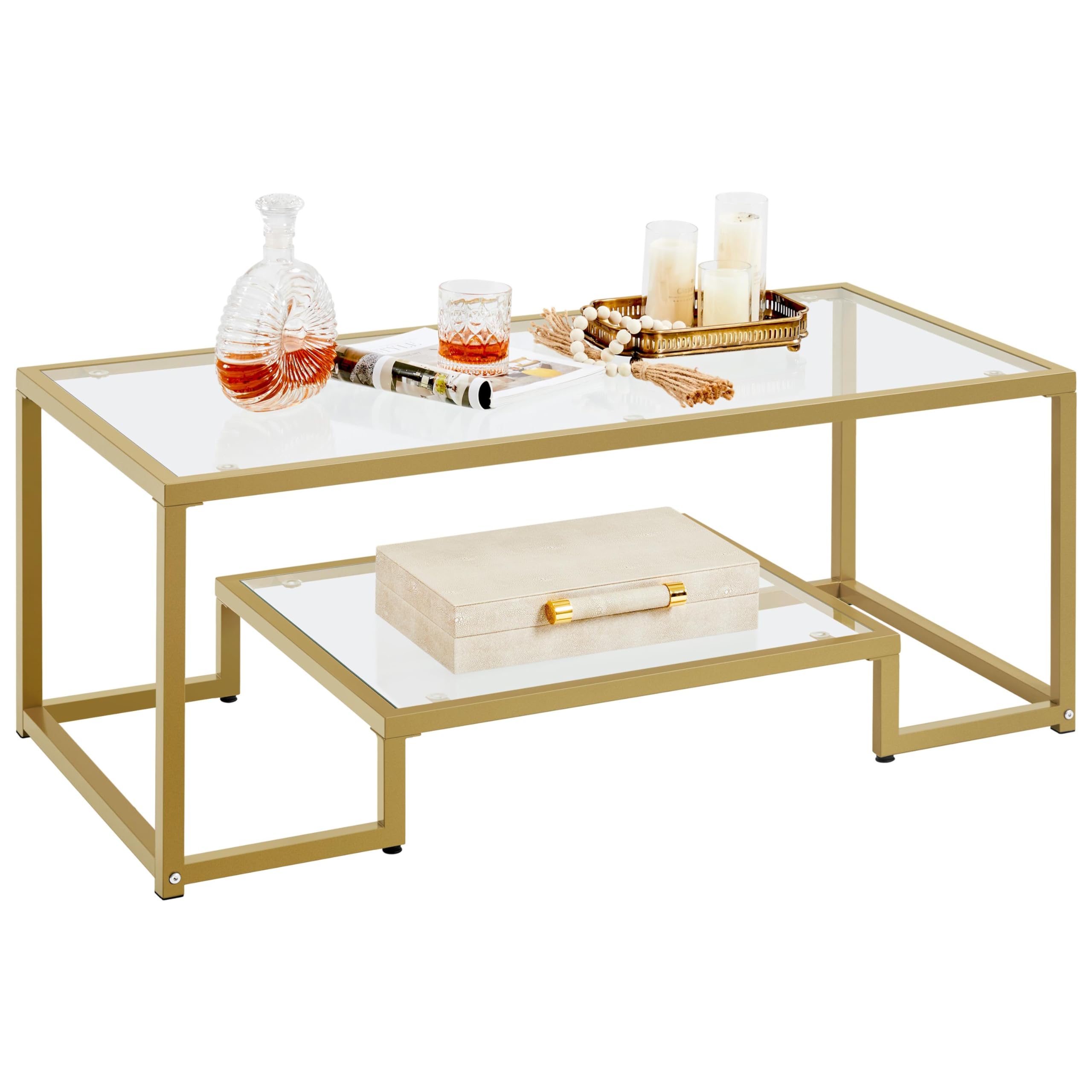 2-Tier Rectangular Glass Coffee Table with Metal Frame