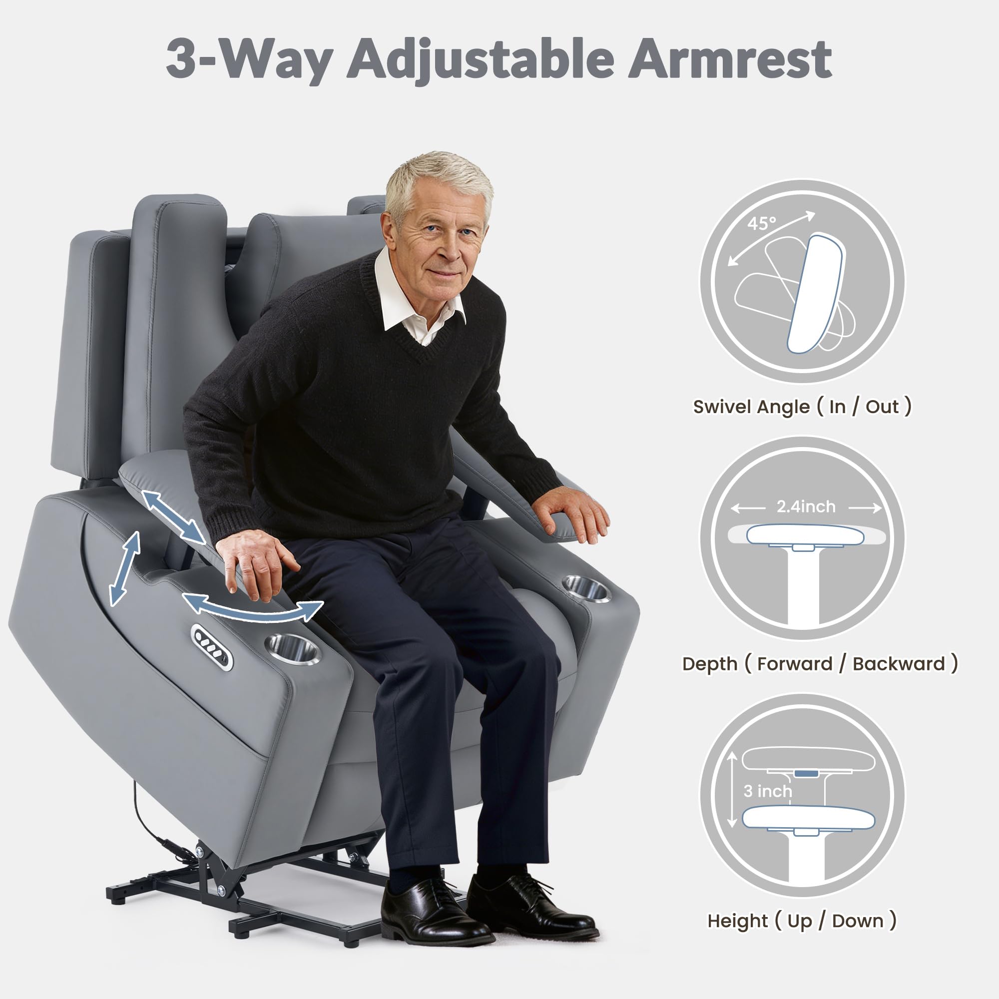 GRAINELL 4-Motor Power Lift Recliner Chair with Independent Backrest & Footrest Adjustment, Adjustable Headrest & Armrests, Massage & Heat for Elderly, USB, Cup Holders, Leather Grey