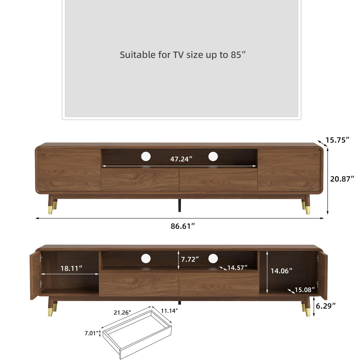 86.61" TV Stand for 85" TV, Media Console with Storage Drawers, Walnut