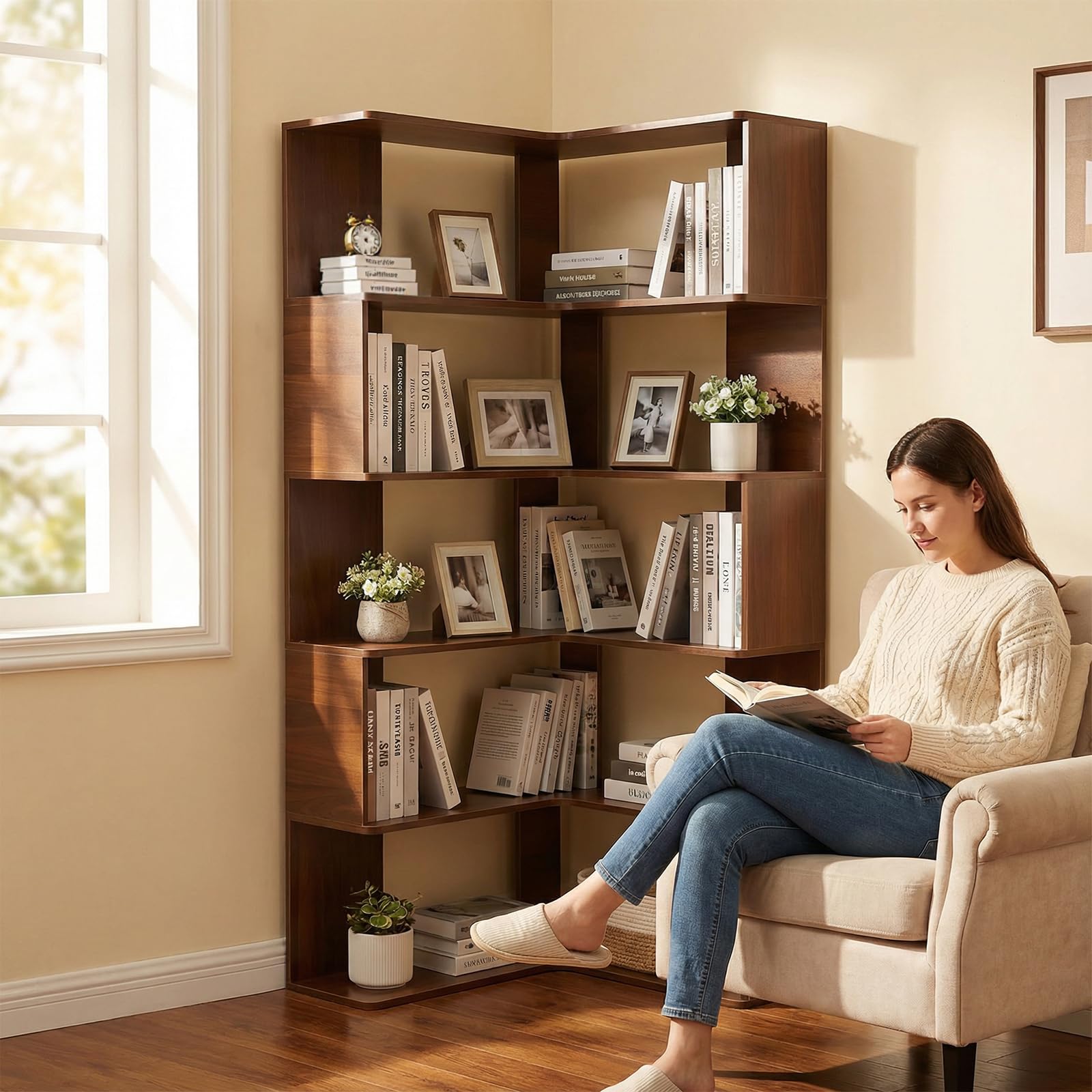 L-Shaped Corner Bookshelf, 6-Tier Open Storage