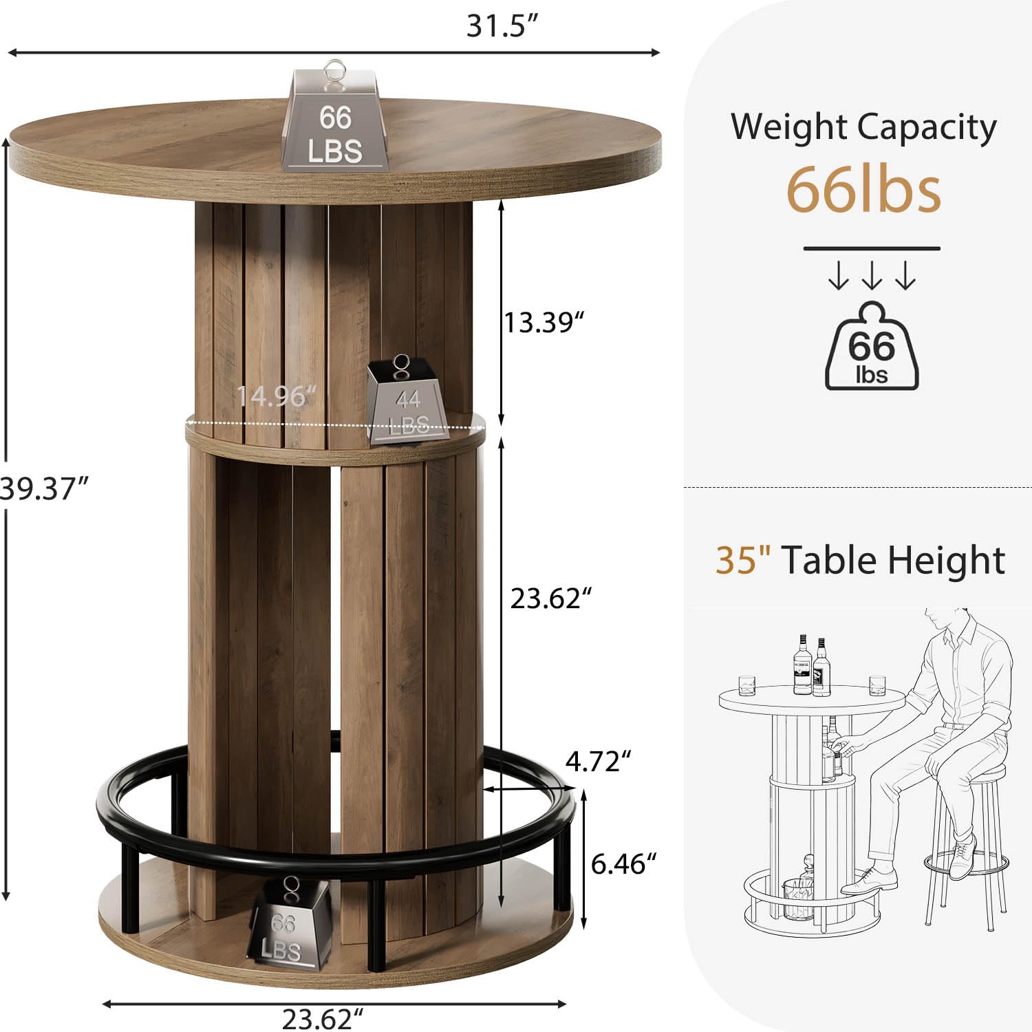 HSH Round Bar Table, 39.37" H Wood Pub Table with Storage & Metal Footrest, Modern Rustic Bar Height Bistro Cocktail Table for Coffee Bar, Kitchen Dining Room, Small Space, Rustic Oak (Table Only)
