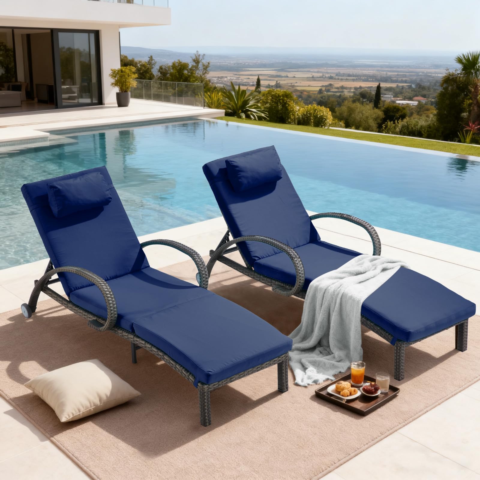 Outdoor Wicker Chaise Lounge Set of 2 with Adjustable Backrest & Wheels