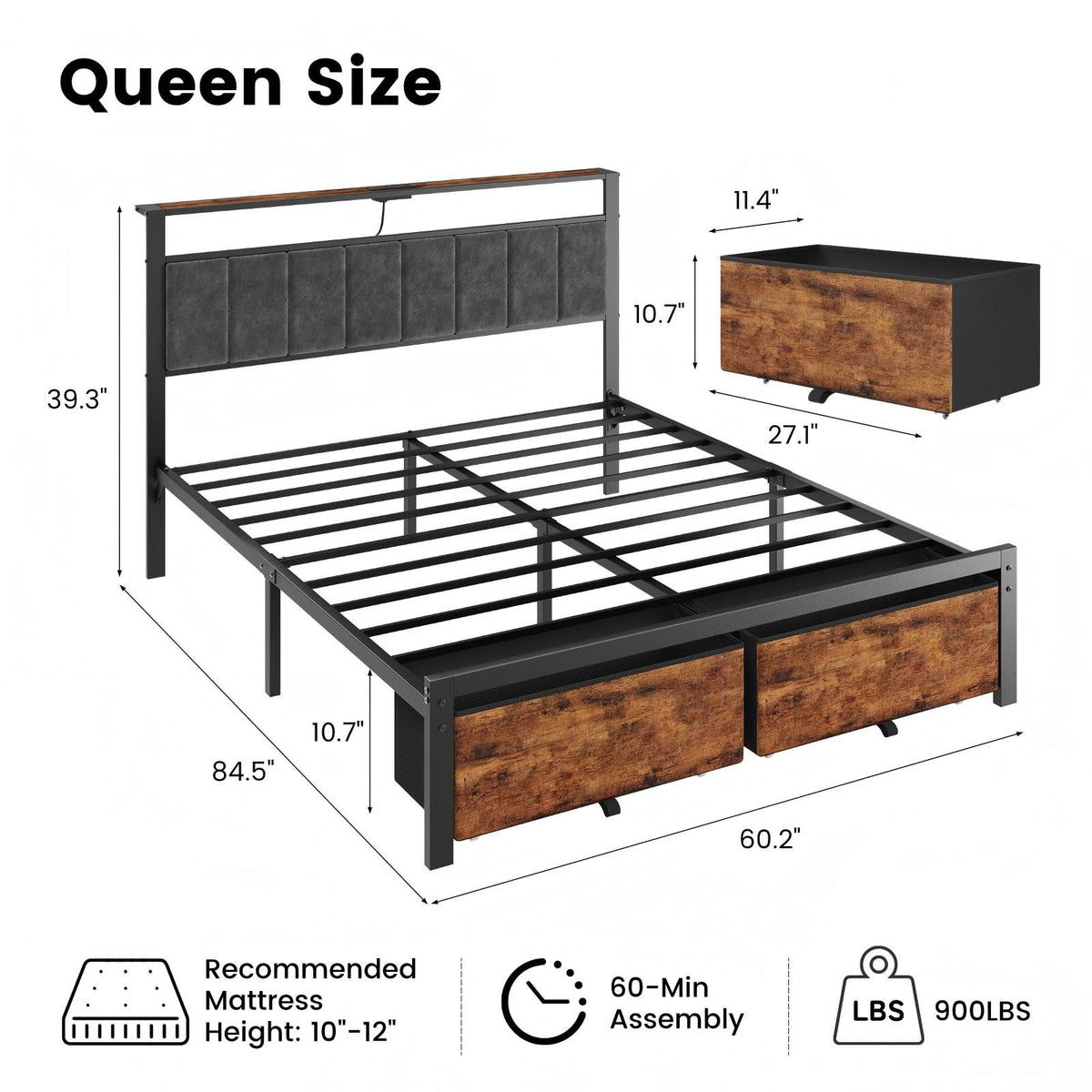 Queen Storage Bed with LED Headboard