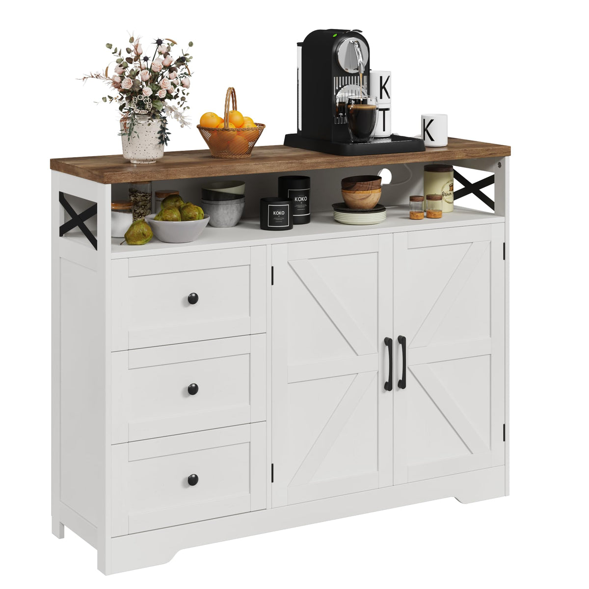 Befrases Farmhouse Buffet Cabinet with Drawers & Open Shelf