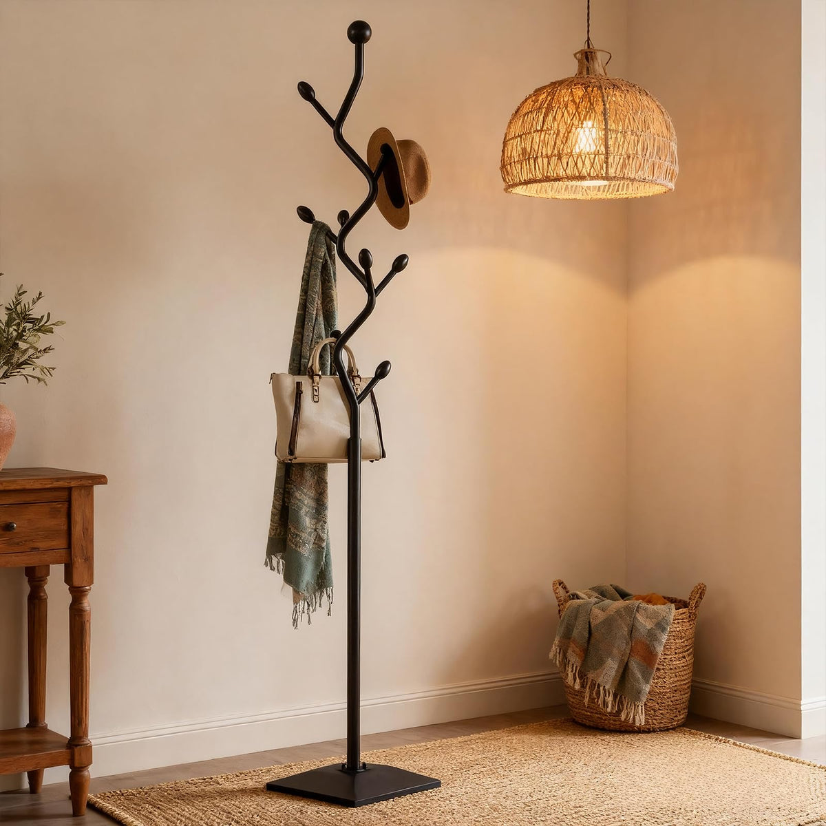 HAZHEYE Coat Rack,Metal Coat Tree Freestanding with 8 Hooks, Creative Design Tree Branch-look,Standing Coat Rack,Coat Hanger Stand with Stury cast iron Base for Entryway, Hallway, Bedroom (black)