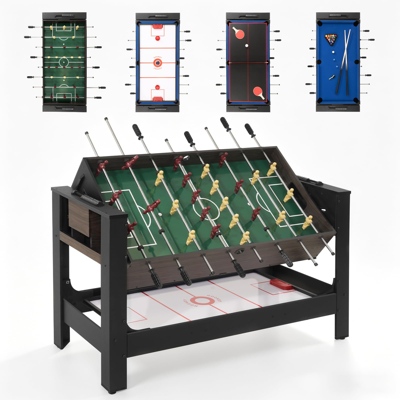 54" 4-in-1 Swivel Multi Game Table, Combo Game Table Set w/Air Hockey, Billiards, Foosball, Table Tennis for Adults, Space-Saving Sports Table for Home Game Room Party