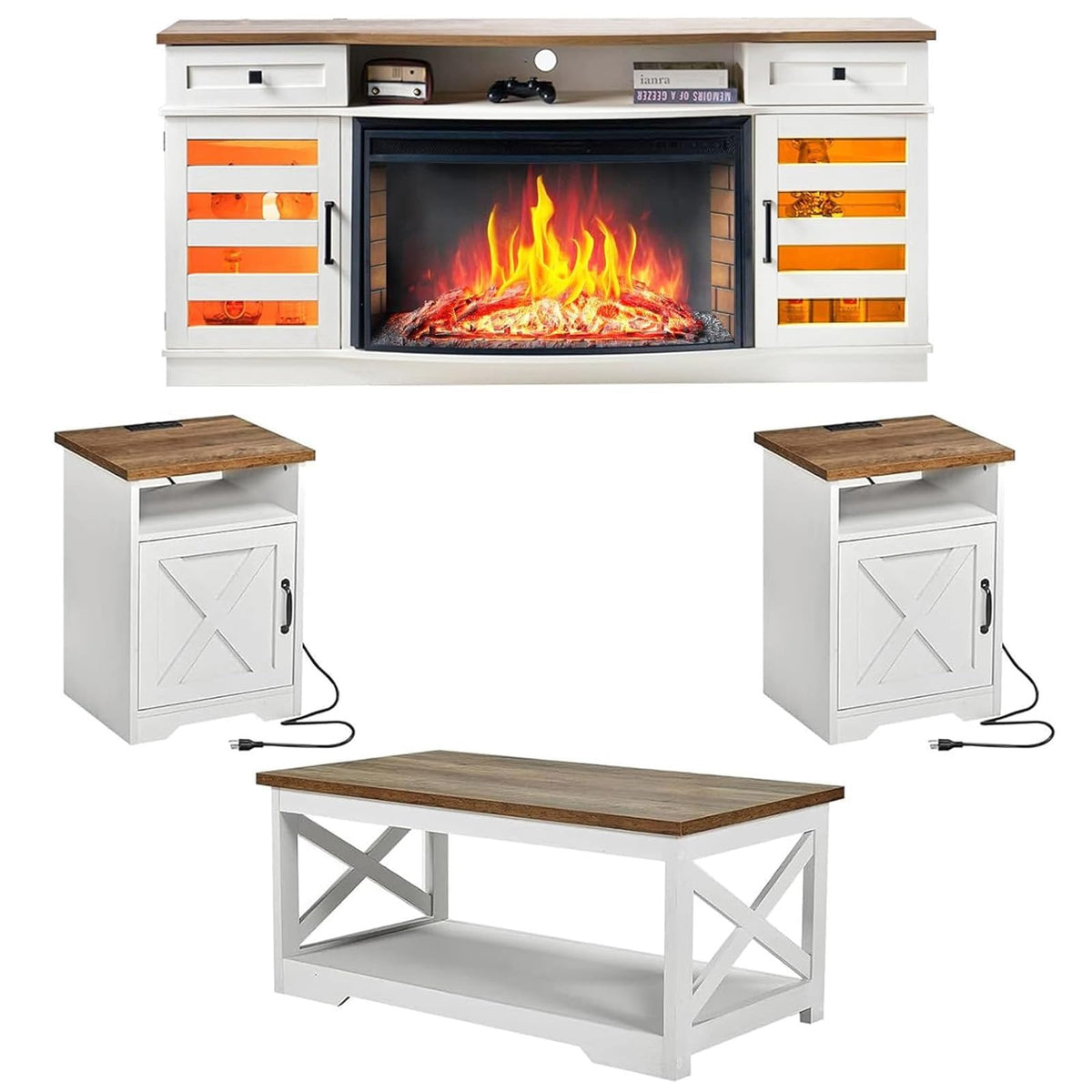 Farmhouse Fireplace Living Room Table Set