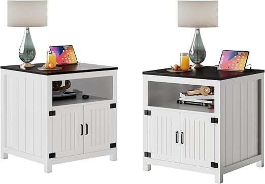 AesthLife End Table with Charging Station, 23.6''W Large Sofa Side Table with Barn Door, Farmhouse Nightstand for Living Room, Bedroom