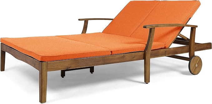Double Chaise Lounge with Acacia Wood Frame & Water-Resistant Cushions