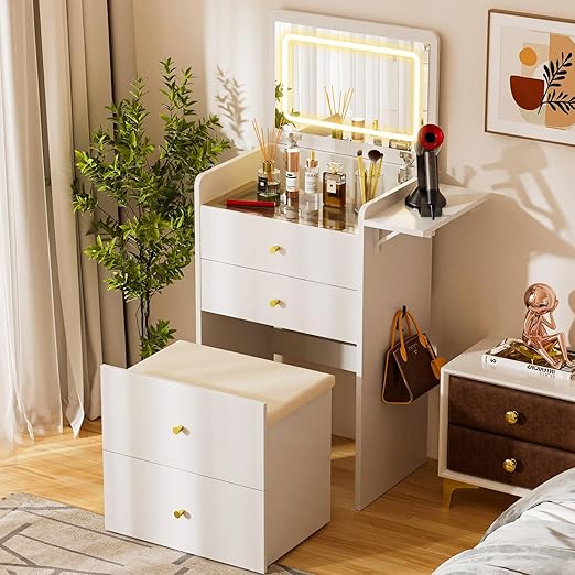 3-in-1 Vanity Desk with Mirror, Lights & Storage Stool