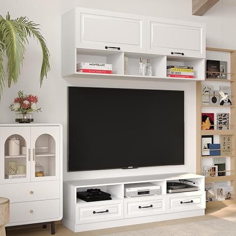 126" 4-Piece Entertainment Center Wall Unit with Glass Doors & Drawers