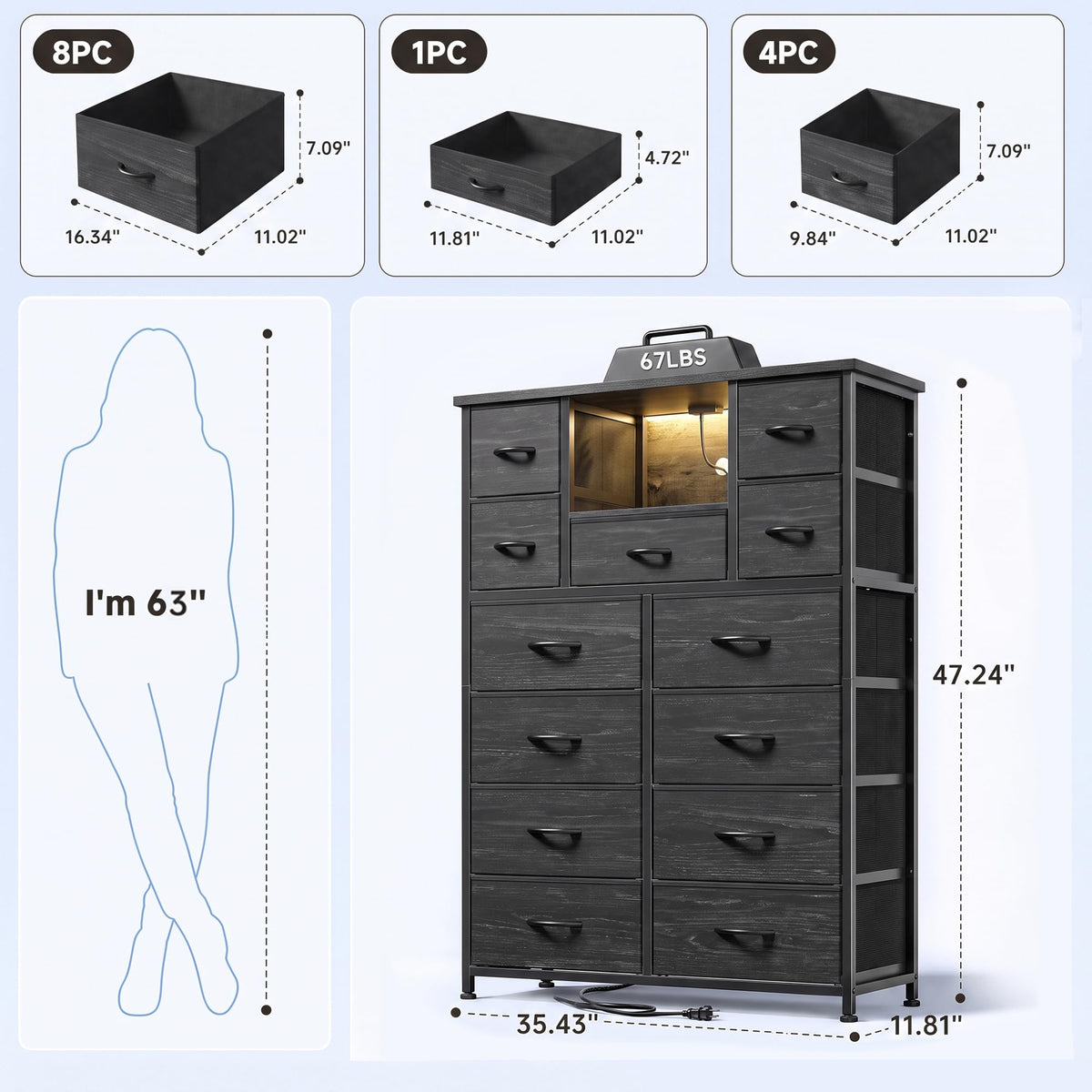 13-Drawer Dresser with LED & Charging Station
