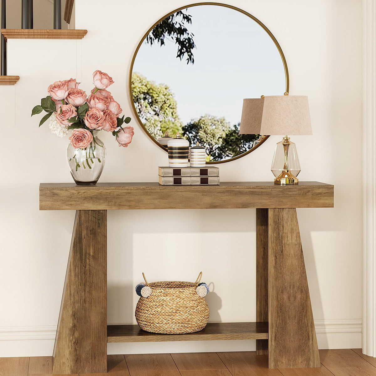 47.24" Farmhouse Entryway Console Table, Narrow Sofa Table Behind Couch, Wooden Rectangular Small Entry Table with Storage Shelves for Narrow Entrance, Stairwell, Hallway, Living Room, Small Foyer