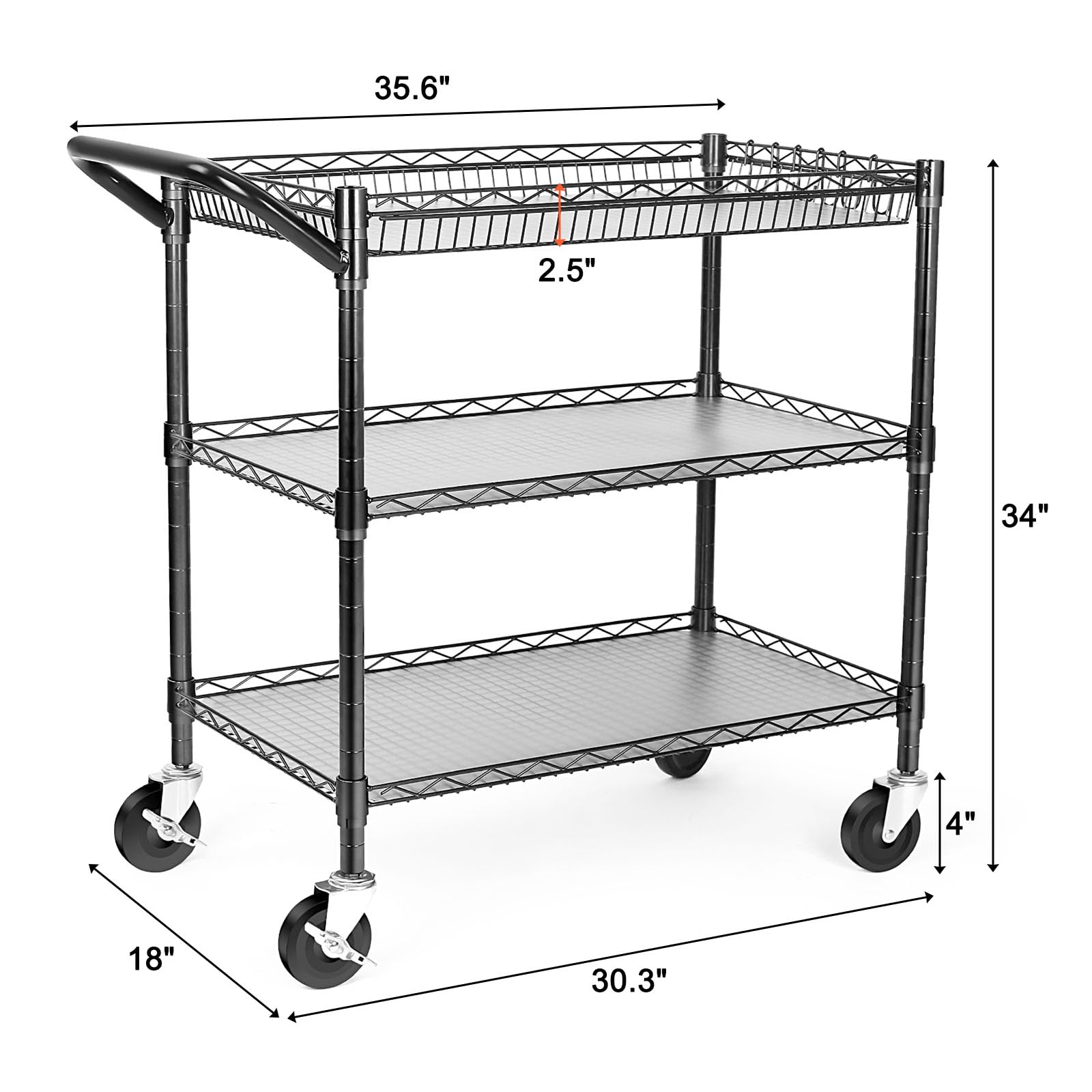 BolDuck Heavy Duty Utility Cart, 990Lbs Capacity 3 Tier Rolling Carts with Wheels, Kitchen Cart on Wheels with Storage, Commercial Grade Metal Serving Carts with Wire Shelving &Handle Bar, Black