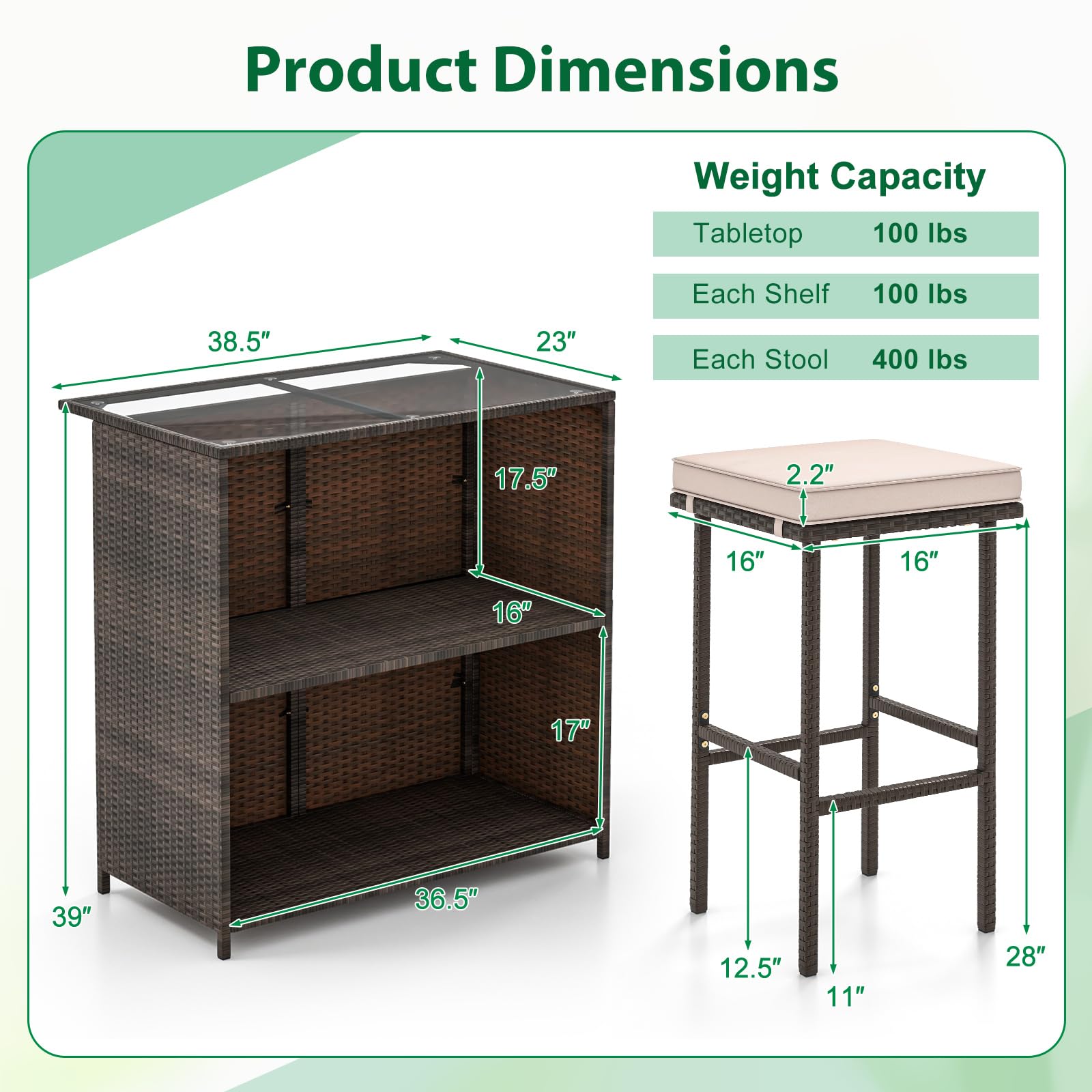HAPPYGRILL 3 Pieces Patio Bar Set PE Wicker Outdoor Bar Table and Stools Set with Removable Cushions, Tempered Glass Tabletop and Storage Shelves for Porch, Backyard, Garden and Poolside