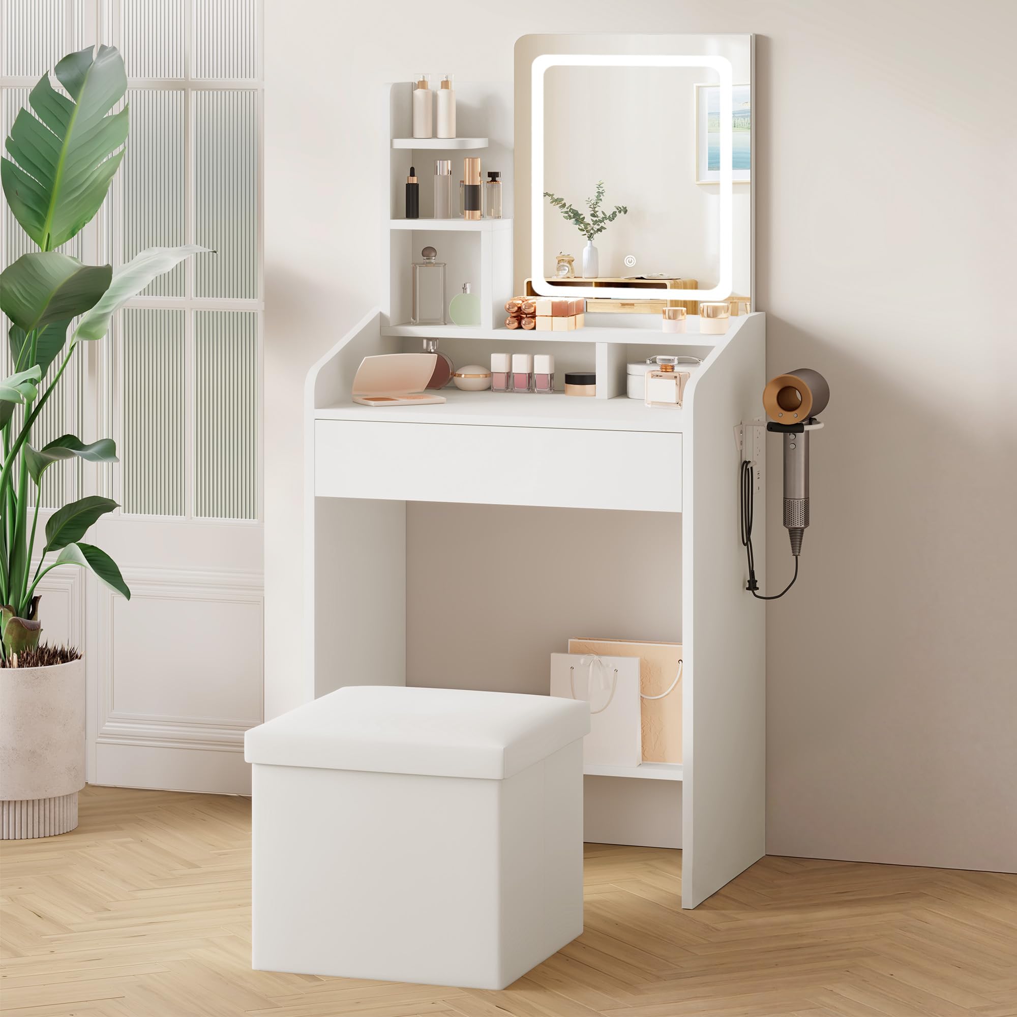 LIVELYGLOW Small Vanity Set with Lighted Mirror & Power Station, 24" Modern White Makeup Desk with Storage Stool, HairDryer Rack, Smart LED 3-Color Lighting, Compact Dressing Vanity for Bedroom
