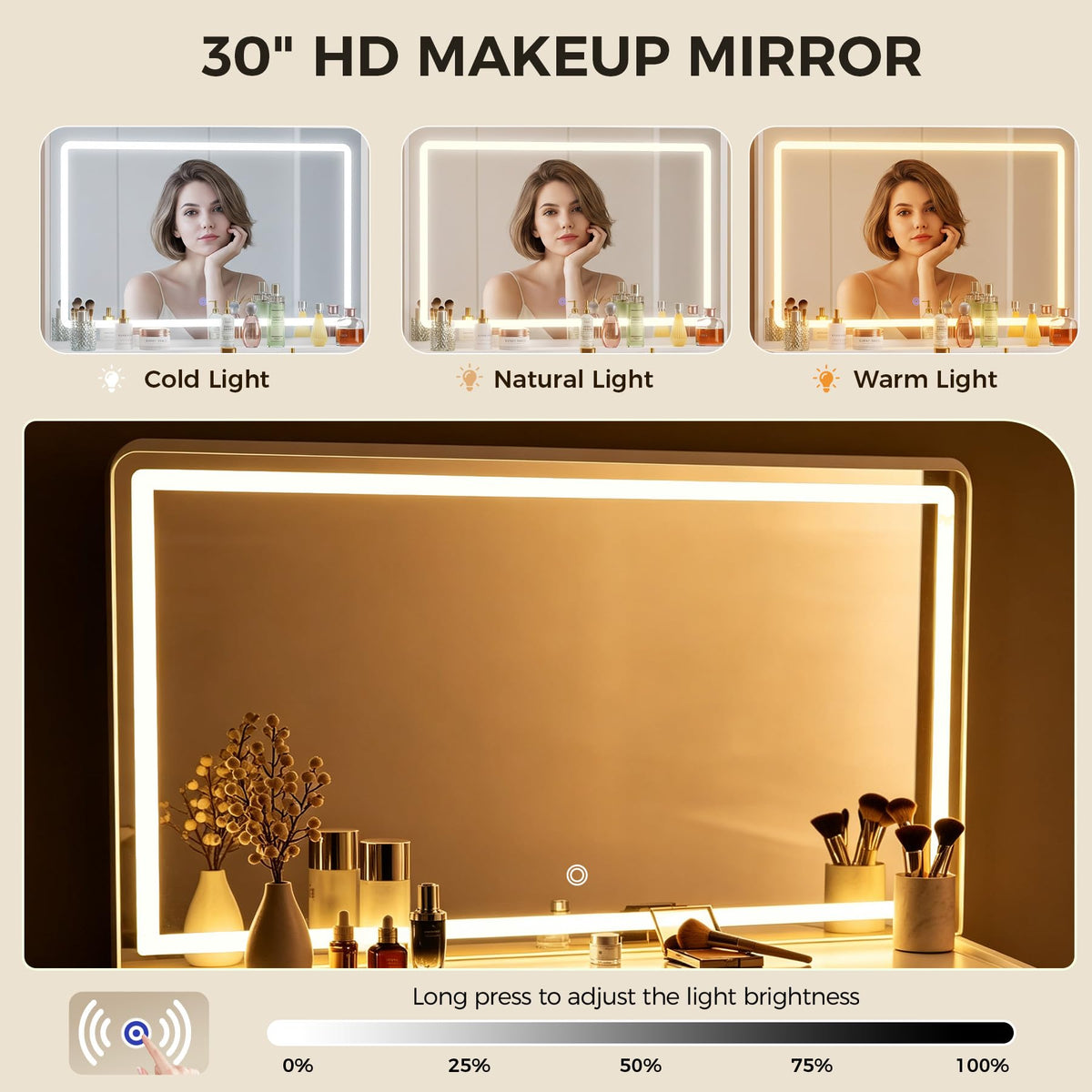 COMHOMA Vanity Desk with LED Lights Mirror & Power Outlet, Small Makeup Vanity Table Set with 5 Storage Drawers, 3 Lighting Modes & Adjustable Brightness, Dressing Table for Women Girls Bedroom, White