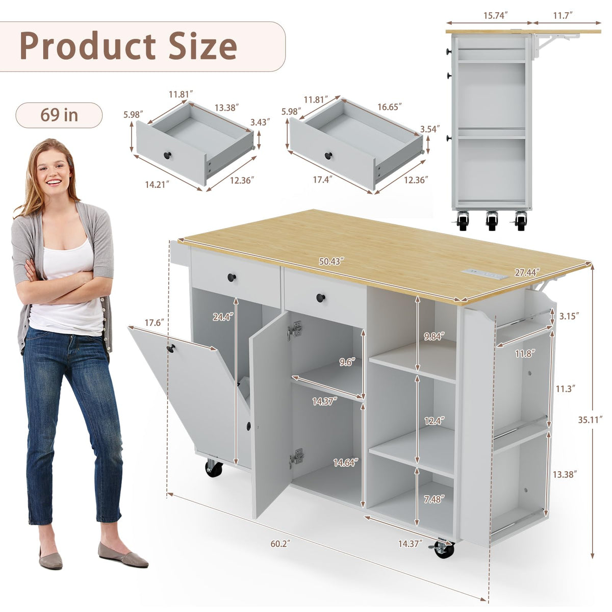 OAKANDO 60" Kitchen Island cart with Storage，Kitchen Island with Folding Drop Leaf & Power Outlet-Rolling,Towel Rack, 2 Drawers-Island Table for Kitchen with Trash Storage Cabinet