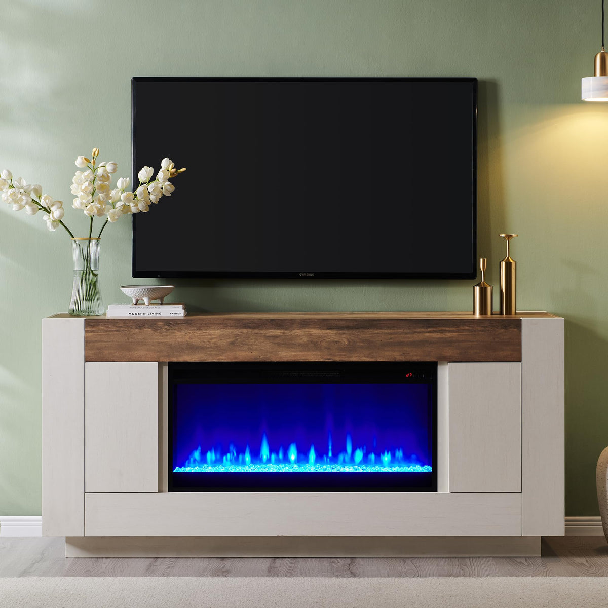 OKD 70" Fireplace TV Stand for 80" TV, Thick Block Media Console, White
