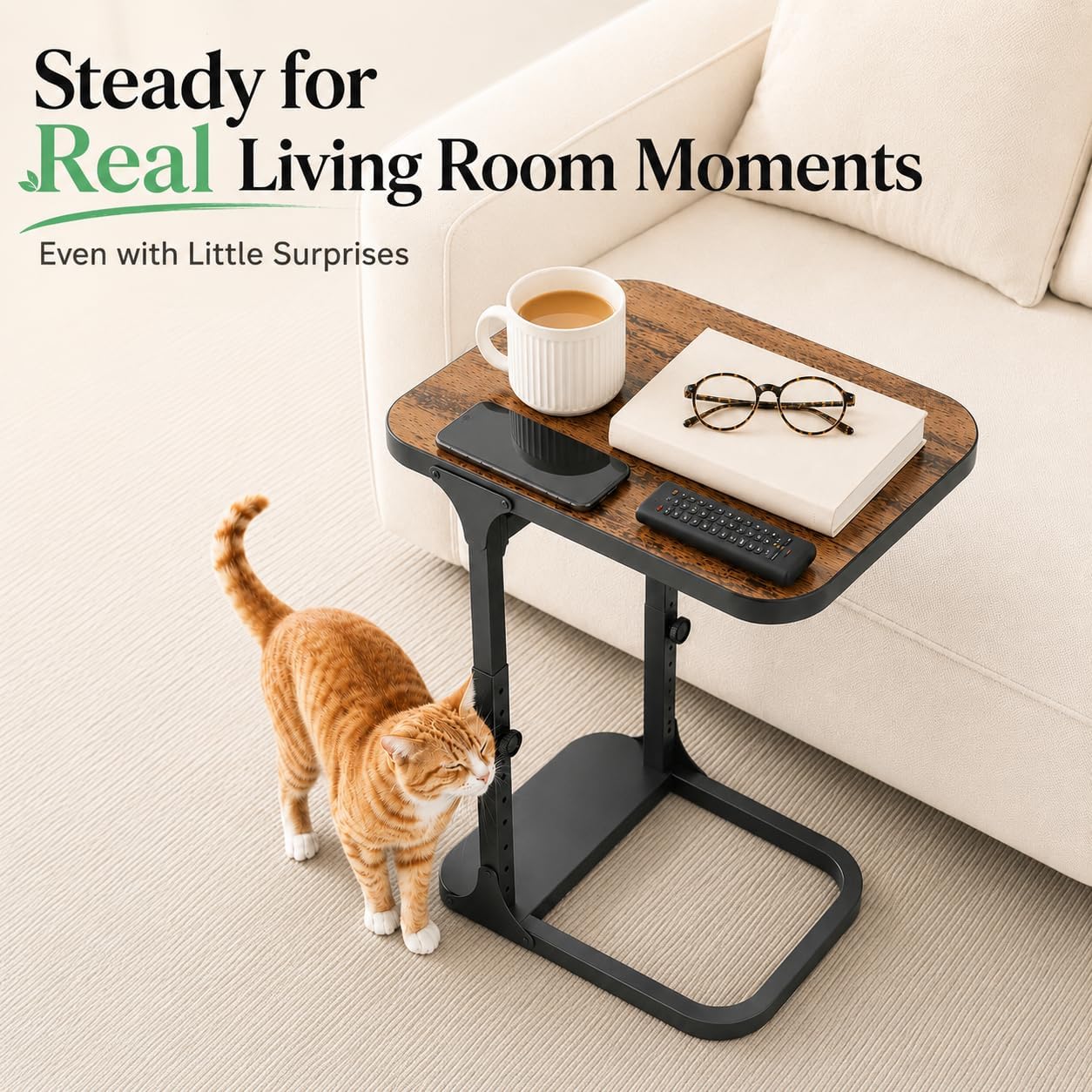 Kitstorack Ultra Stable & Durable End Table, Ajustable Height C Shaped Side Table for Couch, Sofa Side Table with Thickened Metal Frame for Living Room, Bedroom, Rustic
