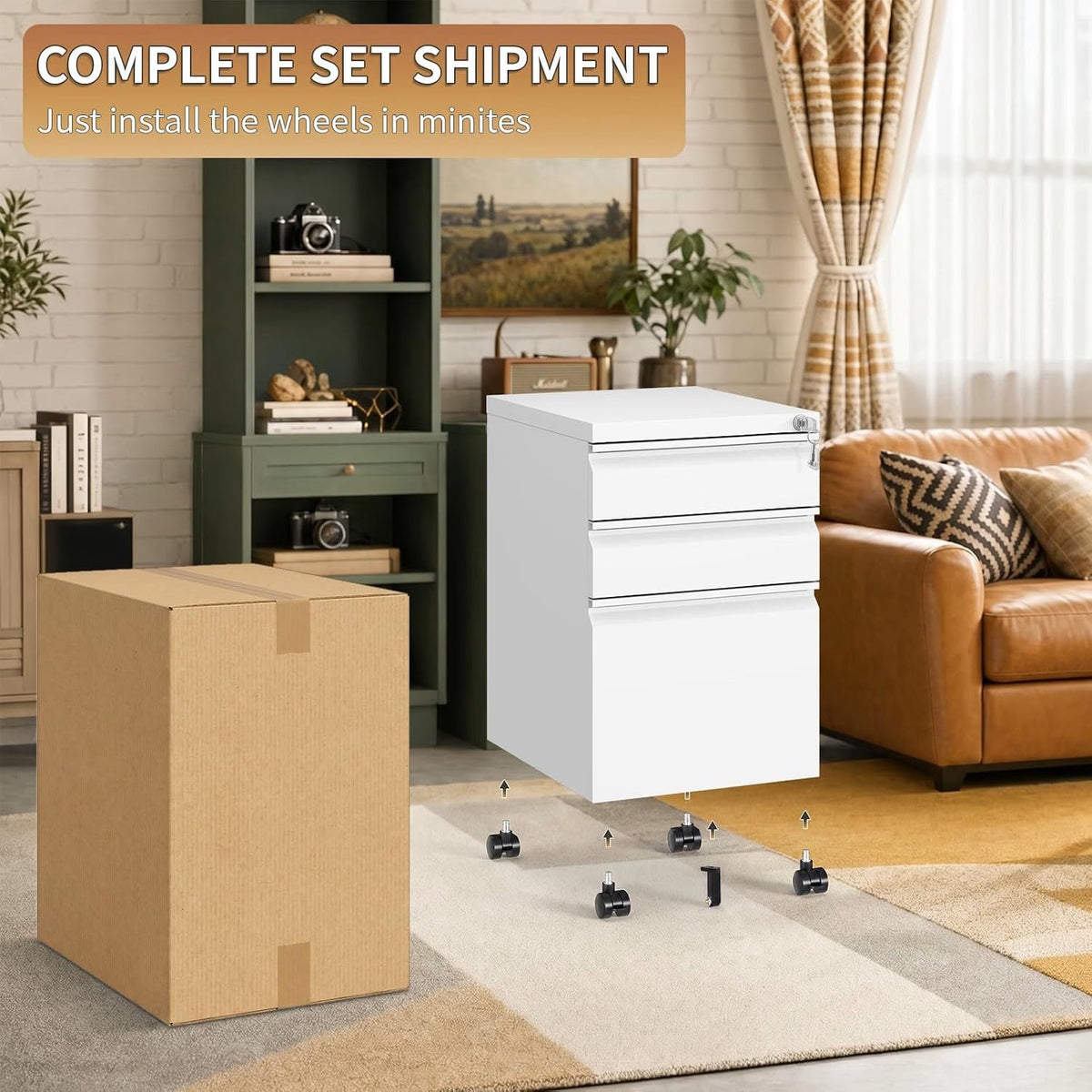 CHRONOGRAIN 3 Drawer File Cabinet with Lock and Casters,White