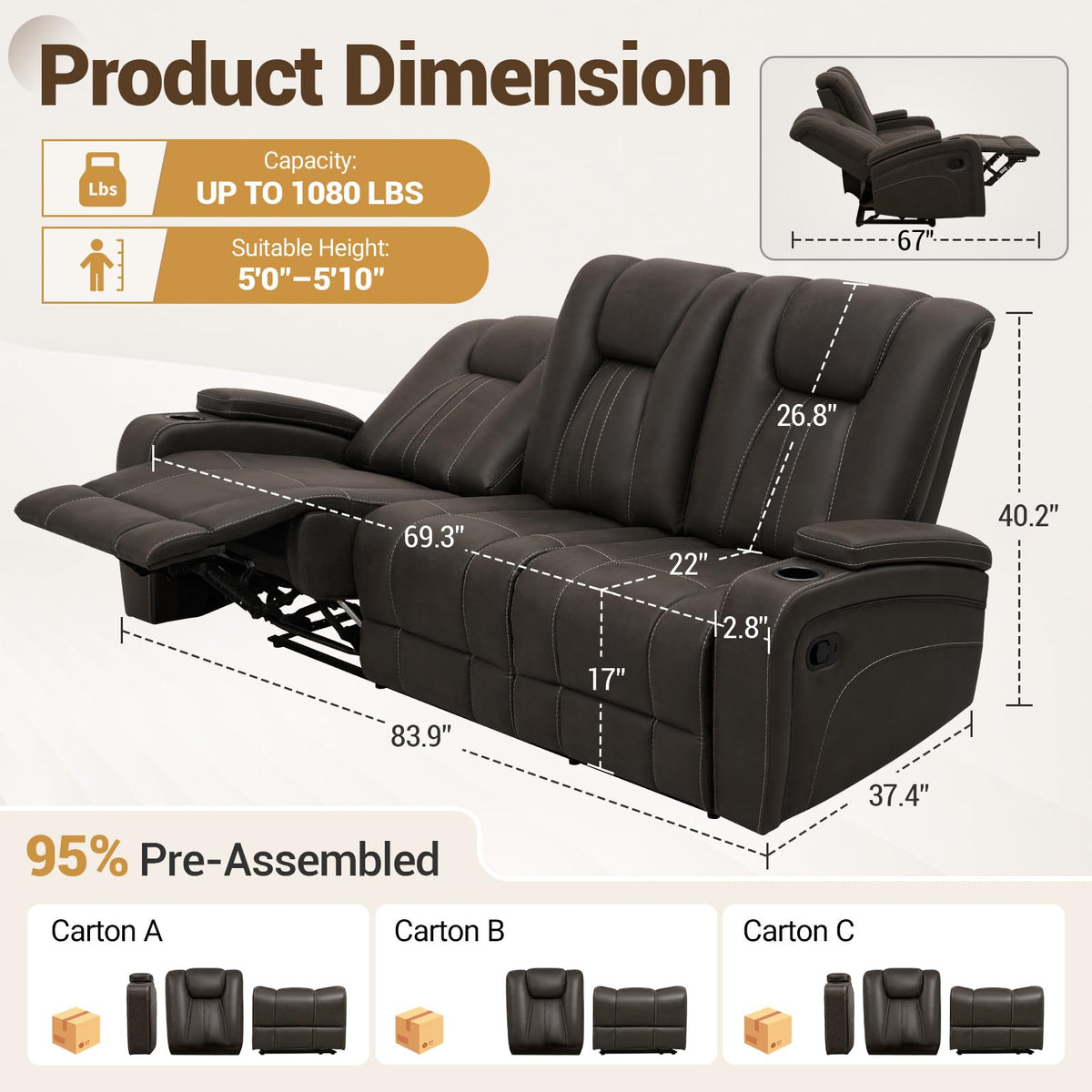 Brown Microfiber Reclining Sofa