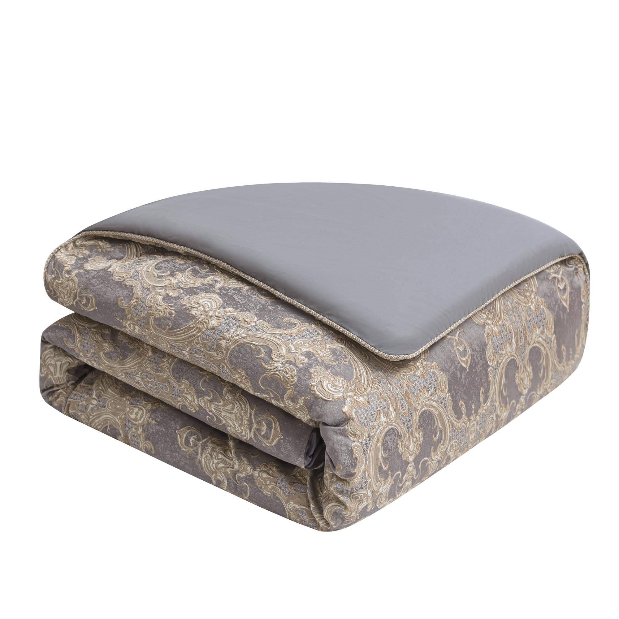 9-Piece Jacquard Comforter Set – Damask, Gray & Beige Brown