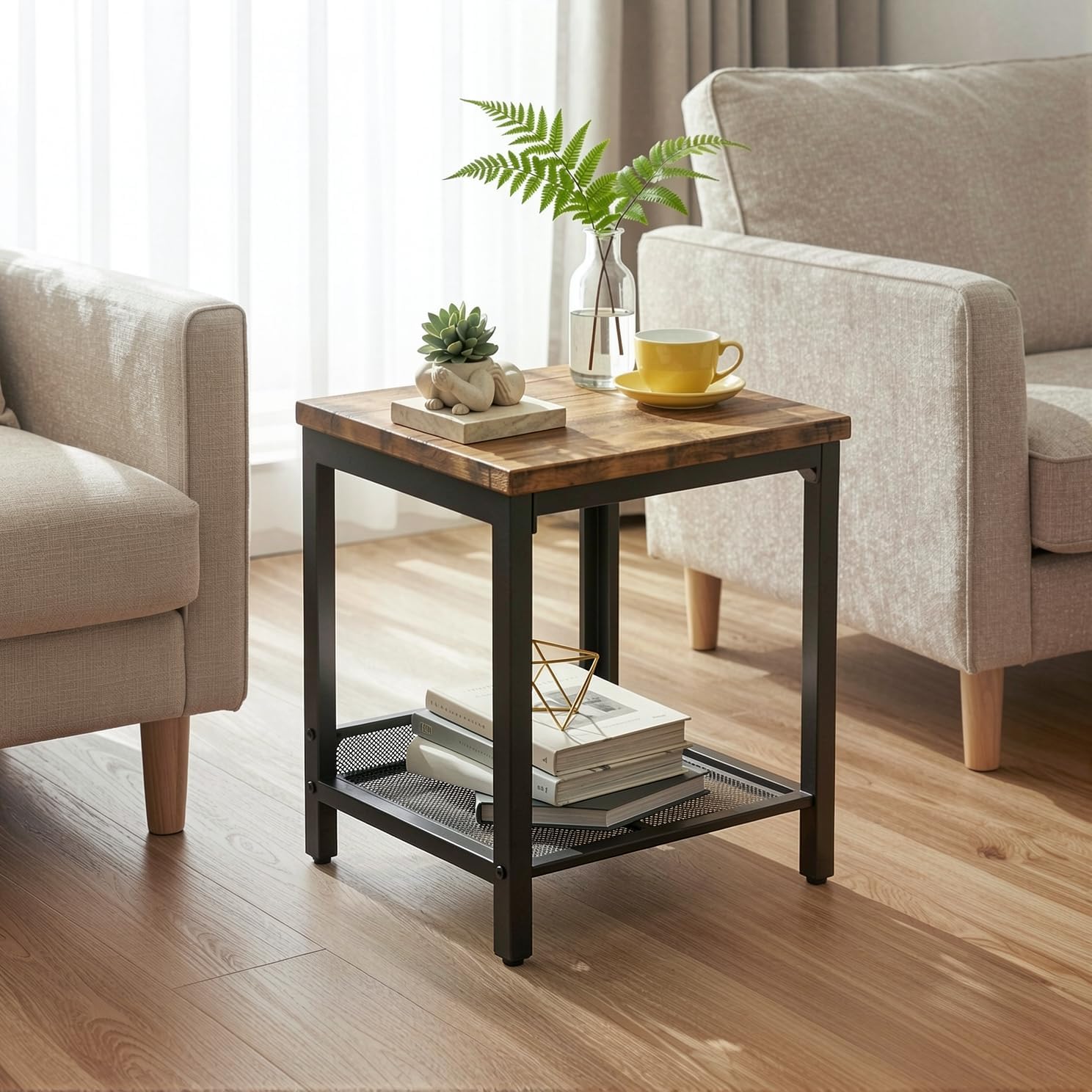 OFFWIN Coffee Table Set of 3,Industrial Coffee Table and 2 End Side Tables,Easy Assembly Coffee and End Tables Sets with Metal Legs, for Office, Living Room and Apartment (Brown)