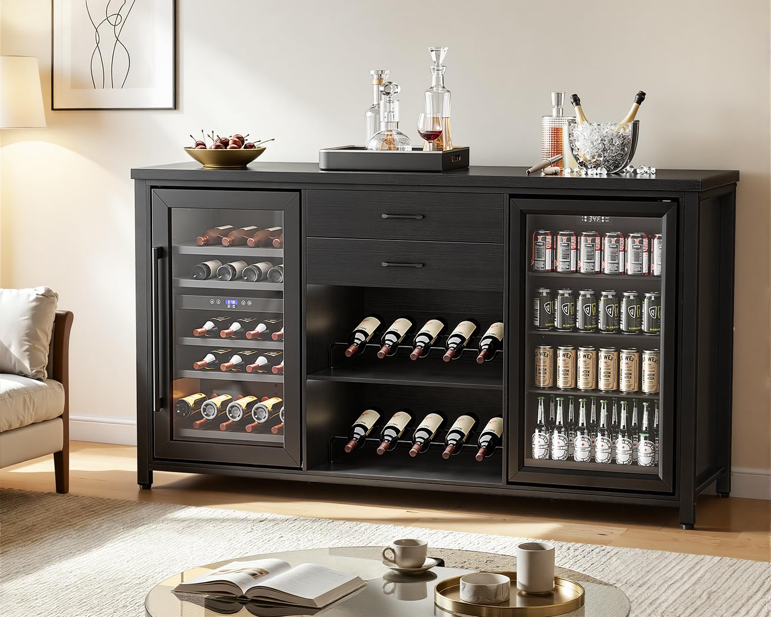 Leteuke Large Coffee Bar Cabinet with 2 Fridge Space, 70.8" L Kitchen Wine Cabinet, Wood Buffet Sideboard Table Station, Farmhouse Liquor Cabinet with Drawers Wine Rack for Home, Living Room-Black
