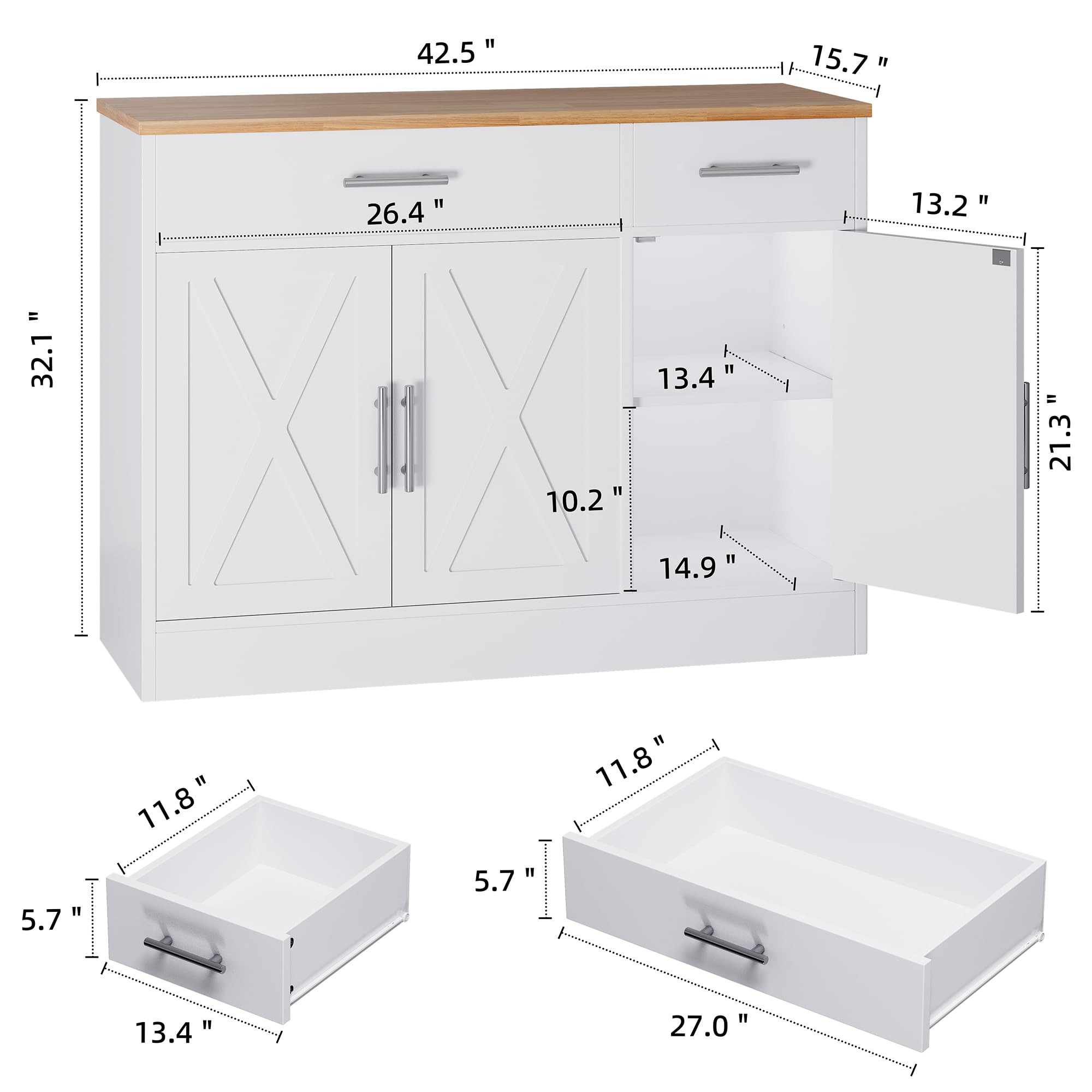 Shintenchi Modern Farmhouse Sideboard Buffet Cabinet with Storage with 3 Doors,42" Barn Doors Buffet Cabinet with Storage, Wood Coffee Bar Cabinets with Adjustable Shelf for Kitchen Living Room,White
