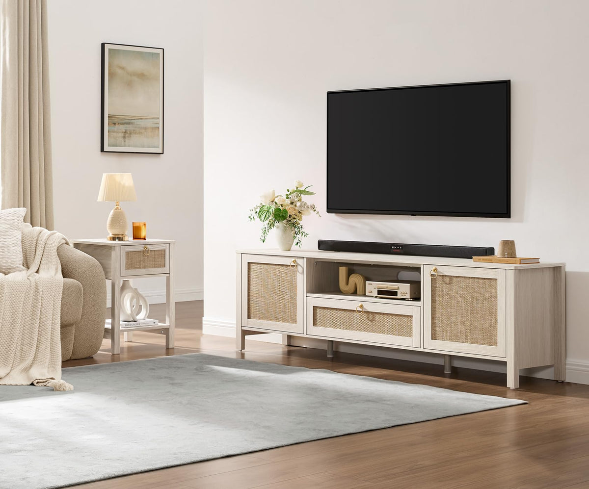SICOTAS Rattan TV Stand for TVs up to 75 Inch, White Entertainment Center