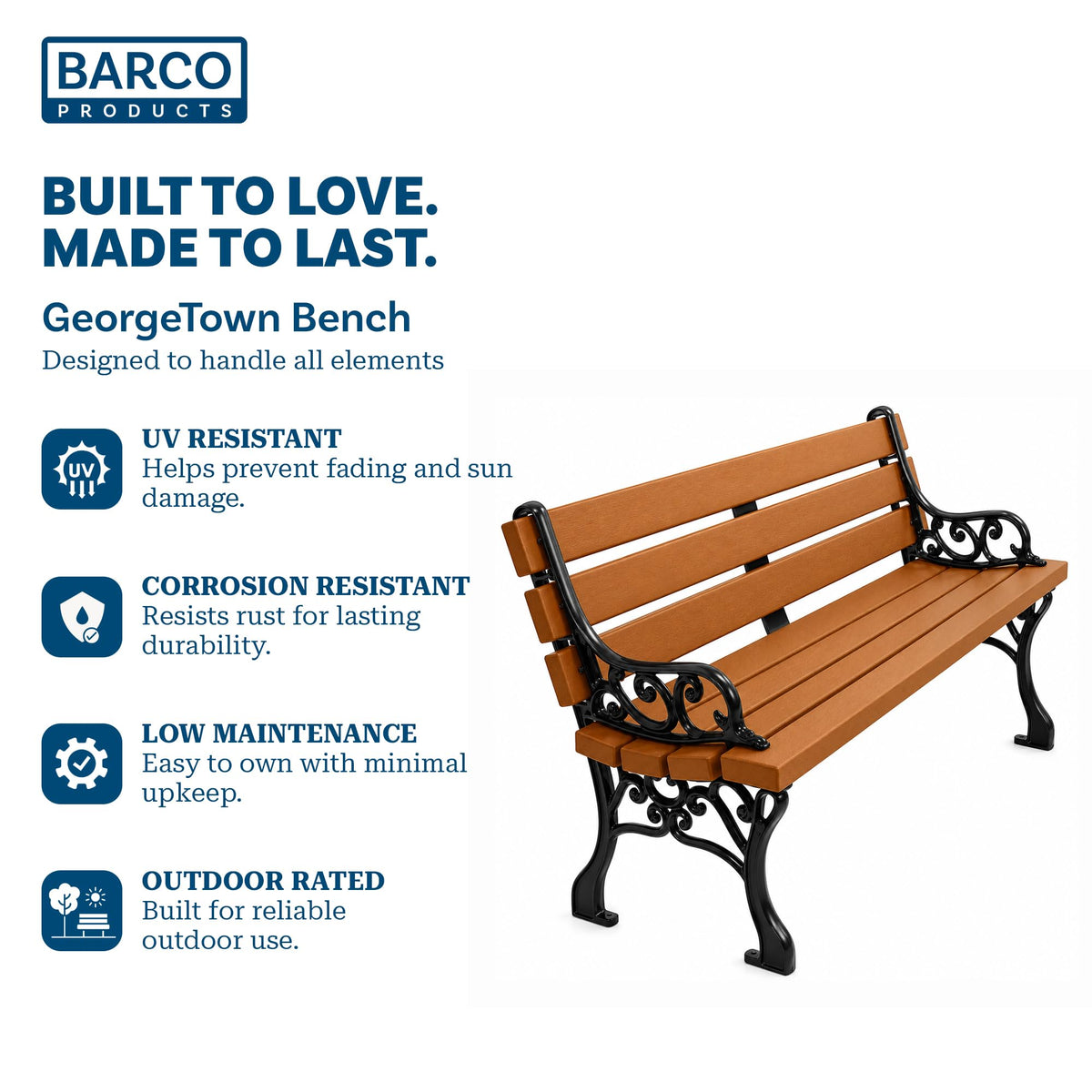 Barco Products Georgetown 4 Ft Outdoor Park Bench with Arms, Cedar