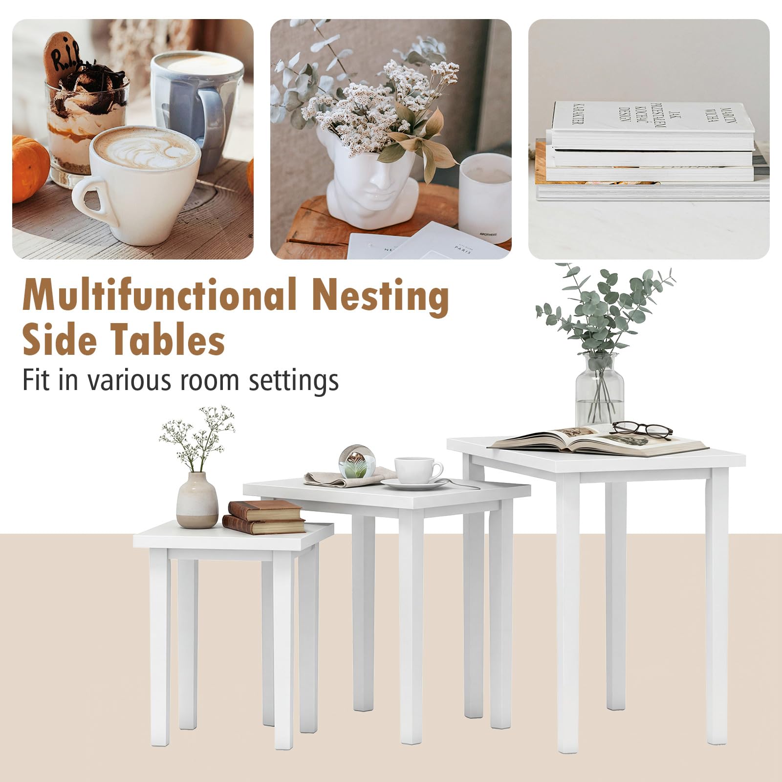 Farmhouse Nesting Side Tables – Set of 3, Wood & Rubber Legs