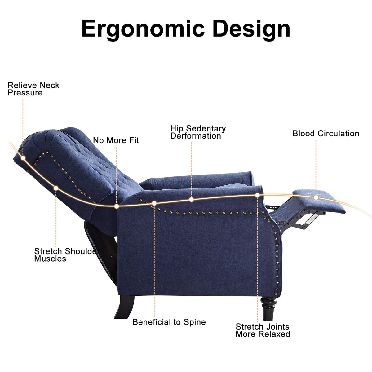 EBELLO Pushback Recliner Chair, Fabric Armchair Push Back Recliner with Rivet Decoration, Single Sofa Accent Chair for Living Room, Bedroom, Navy Blue