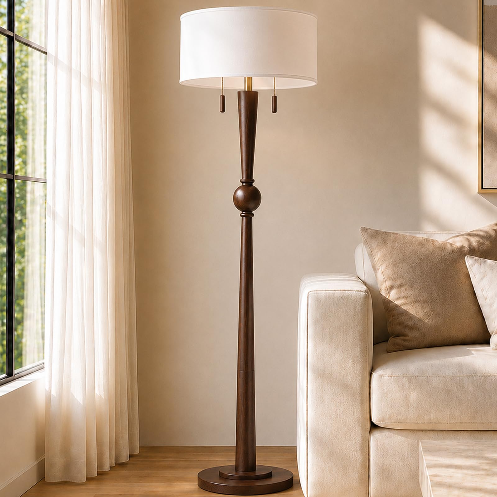MOFFE 62.8" Solid Oak Wood Floor Lamp, Tall Standing Lamp with 2-Light Pull Chains, 17" White Linen Drum Shade, Sculptural Wood Base & Stem, Includes 2 LED Bulbs for Living Room, Bedroom, Office