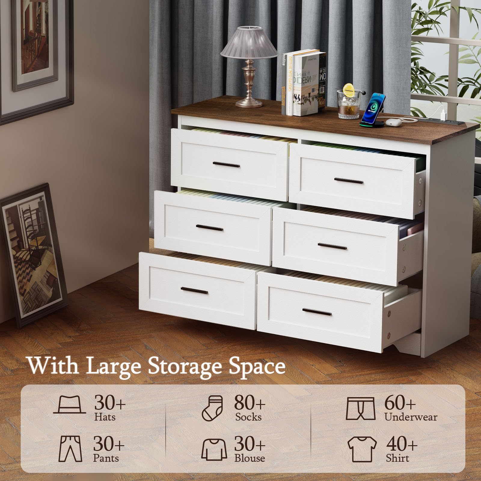 GEPELCN Farmhouse Dresser for Bedroom 6 Drawers Dresser with Power Outlets Rustic Chest of Drawers with Natural Texture White Organizer for Living Room Hallway