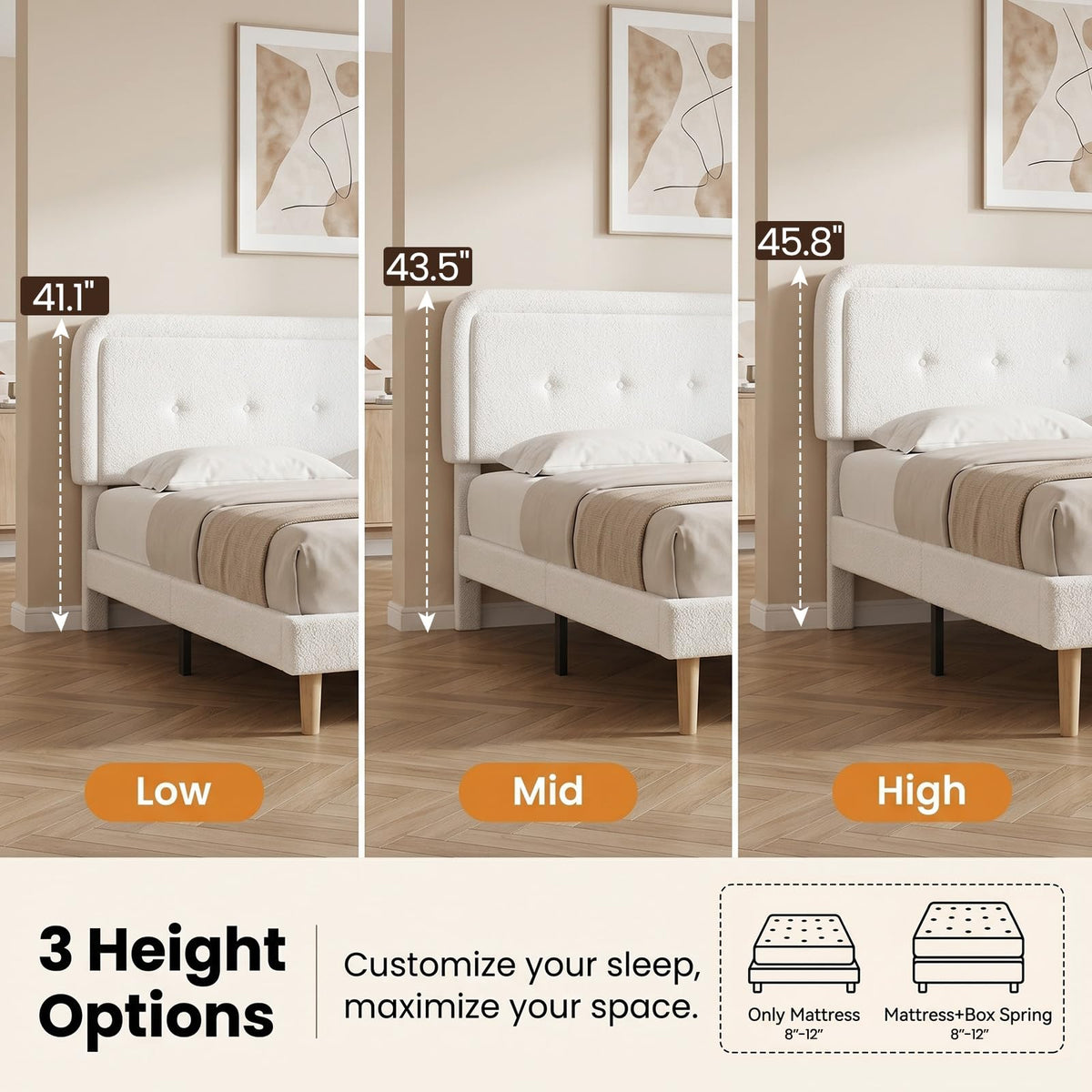 Queen Size Bed Frame with Height Adjustable Headboard Boucle Fabric, White