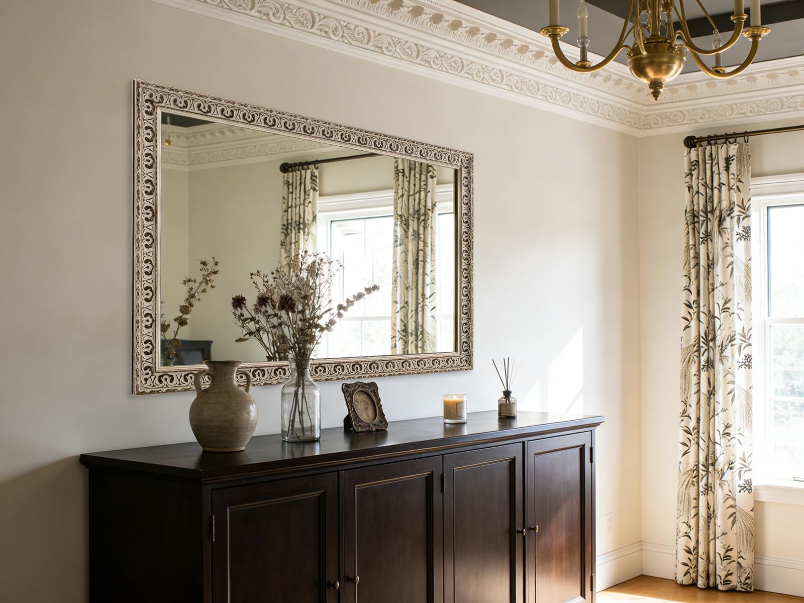 Vintage White Wall Mirror with Butterfly Carvings & Solid Wood Frame