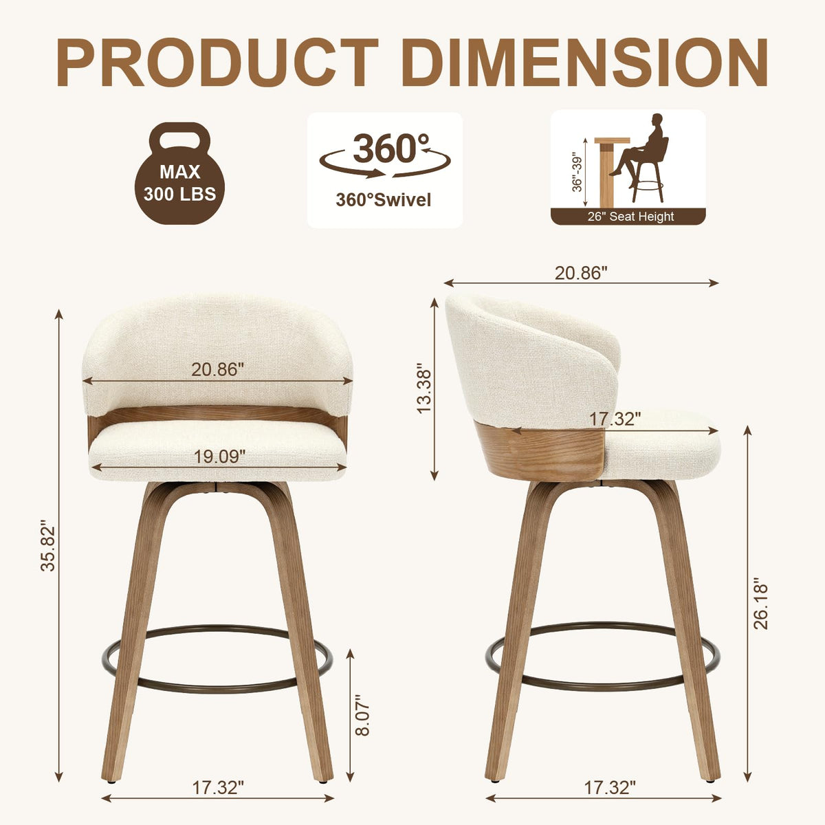 26" Swivel Counter Height Bar Stools Set of 2 for Kitchen Island, Beige